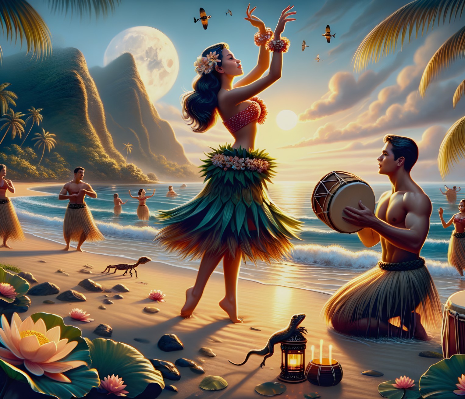 Tropical Hula Dance with Drumming and Scenic Backdrop