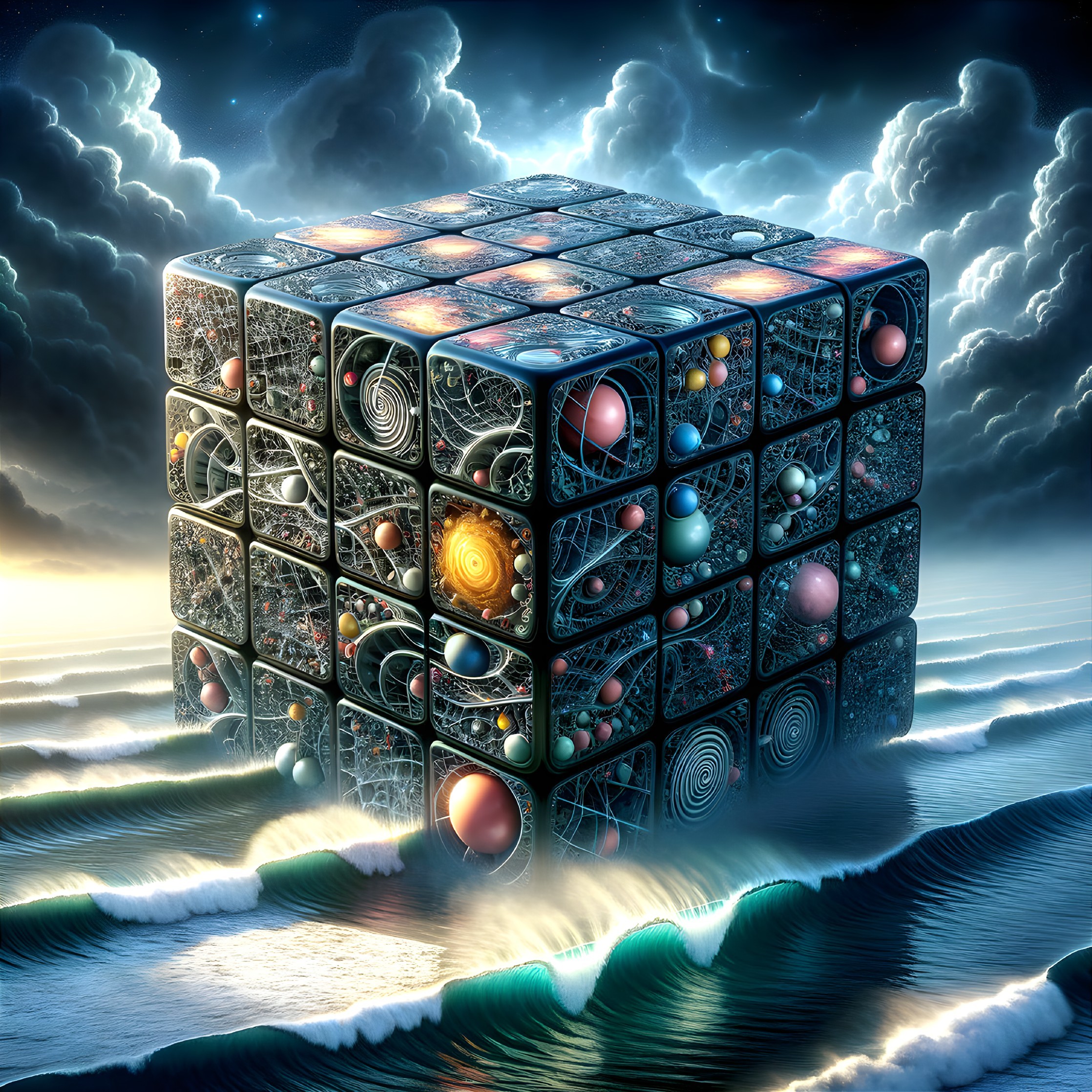 3D Rubik's Cube with Cosmic Elements and Ocean Waves
