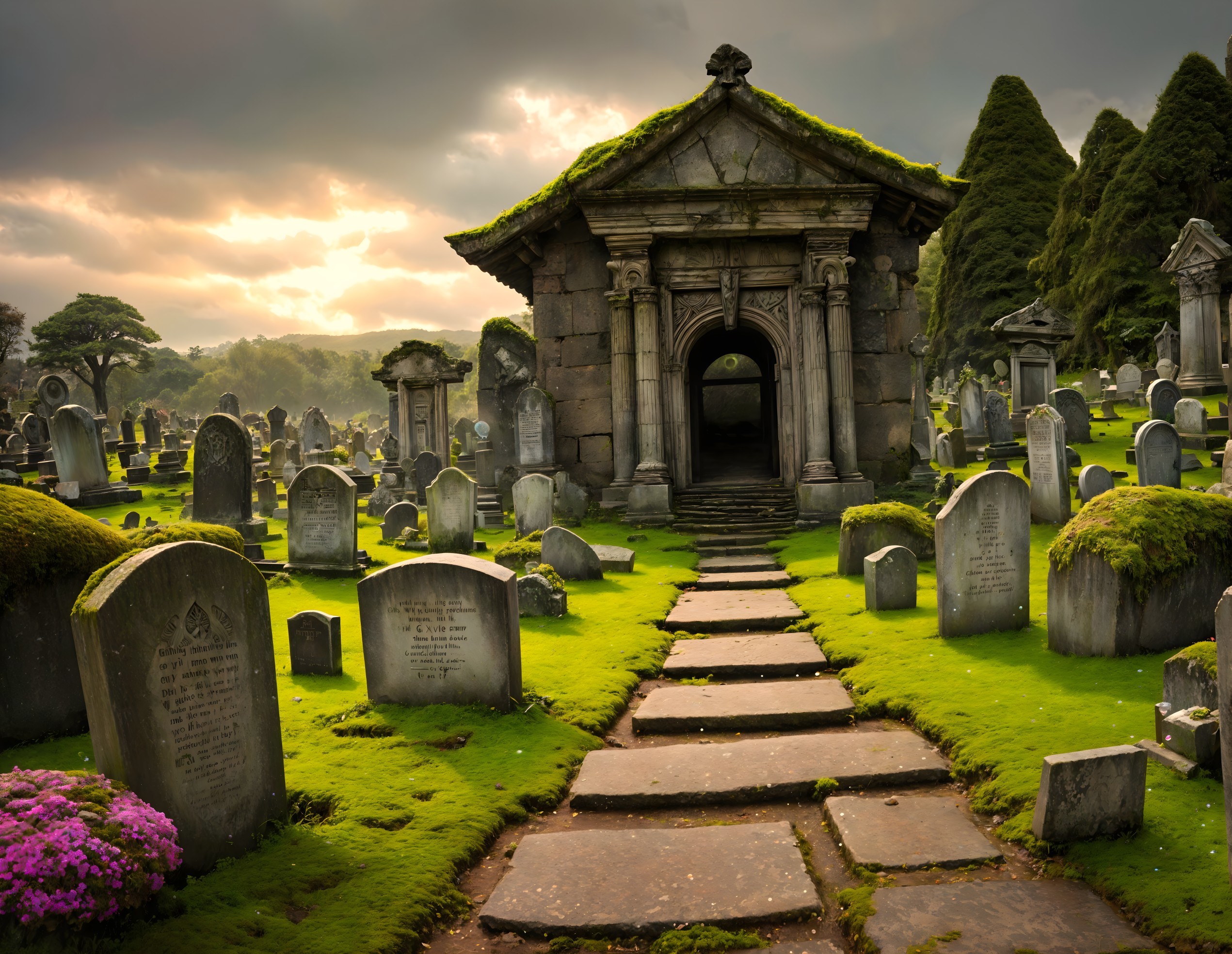 Serene Cemetery with Mossy Pathway and Mausoleum