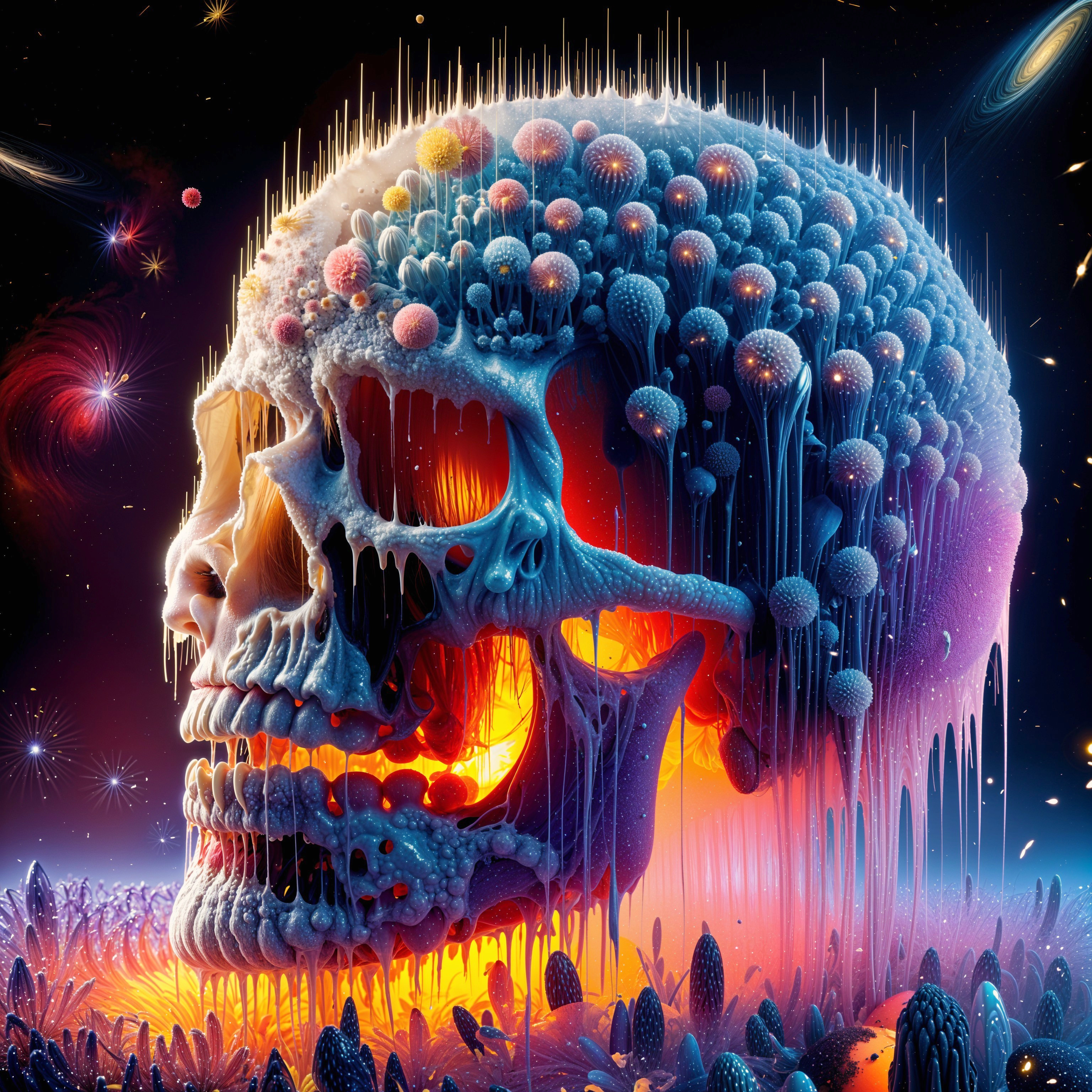 Surreal Skull with Coral Textures and Neon Colors