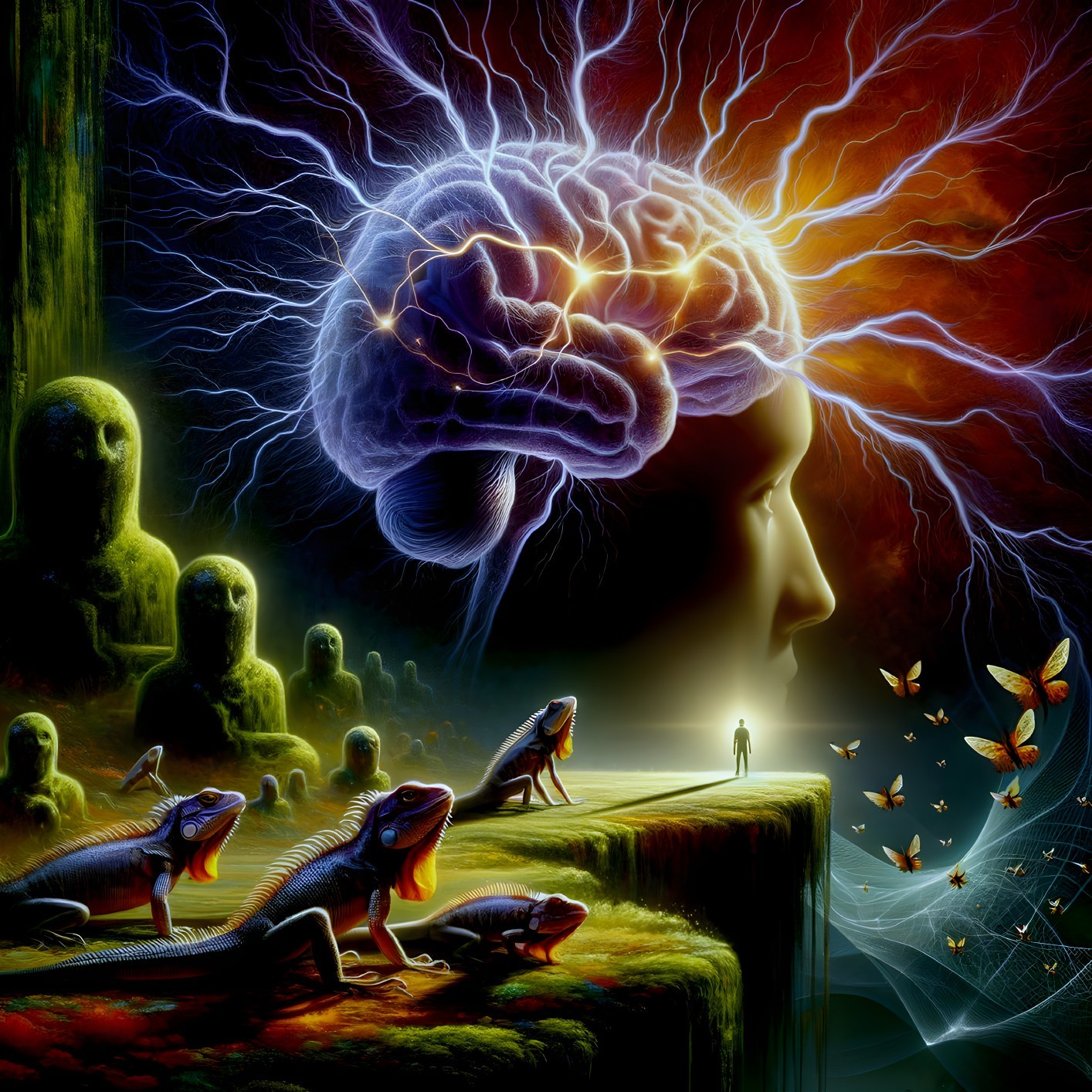 Surreal Landscape with Giant Head and Vibrant Brain