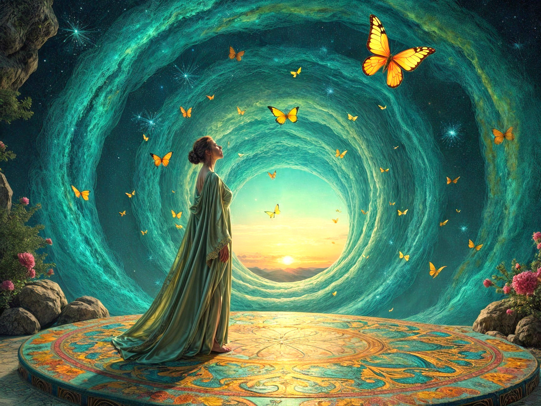Surreal Landscape with Woman and Vibrant Vortex