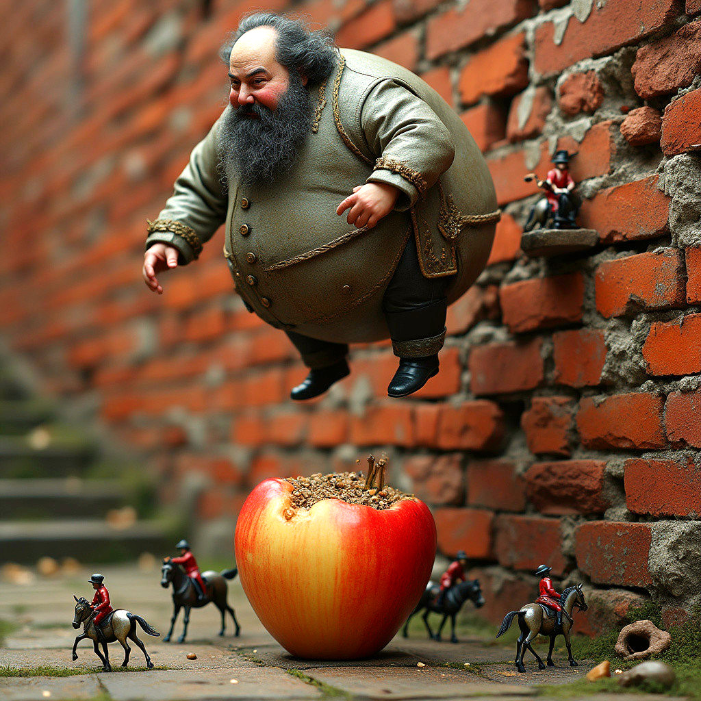 Whimsical Scene with Bearded Figure and Toy Soldiers