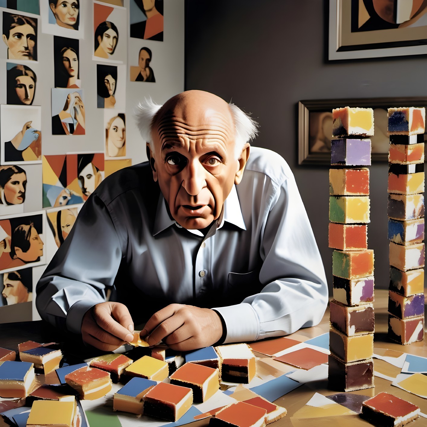 Artist Examining Colorful Cakes in Creative Studio