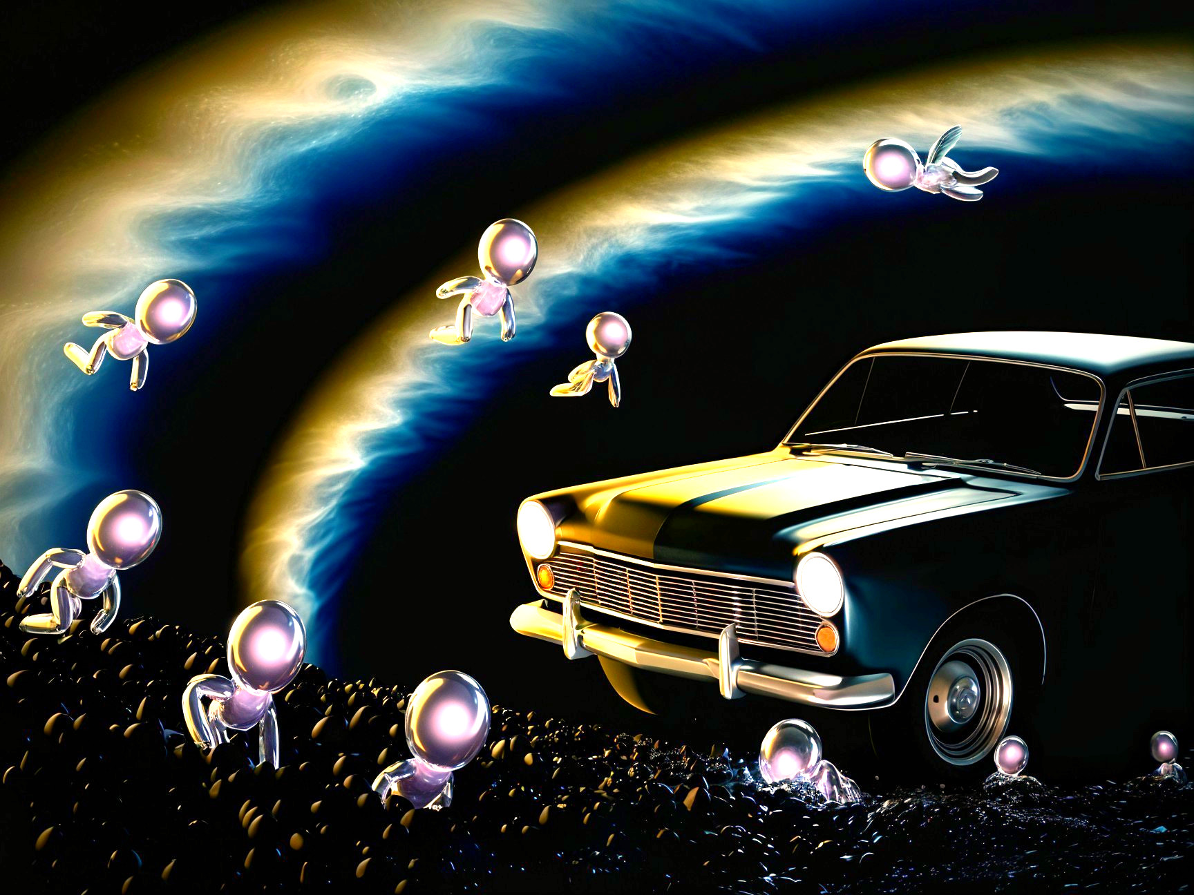 Vintage Car in Cosmic Landscape with Alien Figures