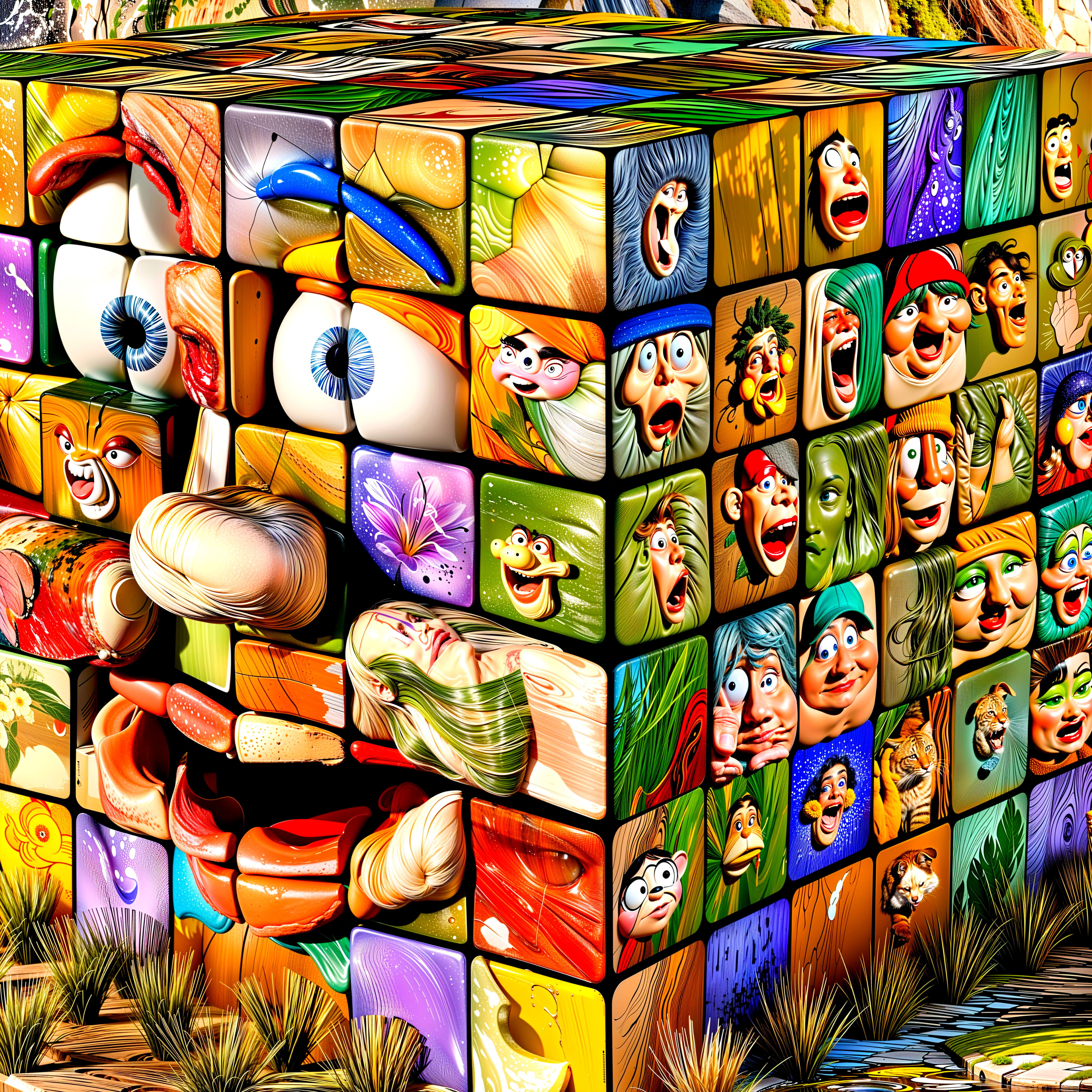 Oversized Colorful Rubik's Cube with Cartoon Faces