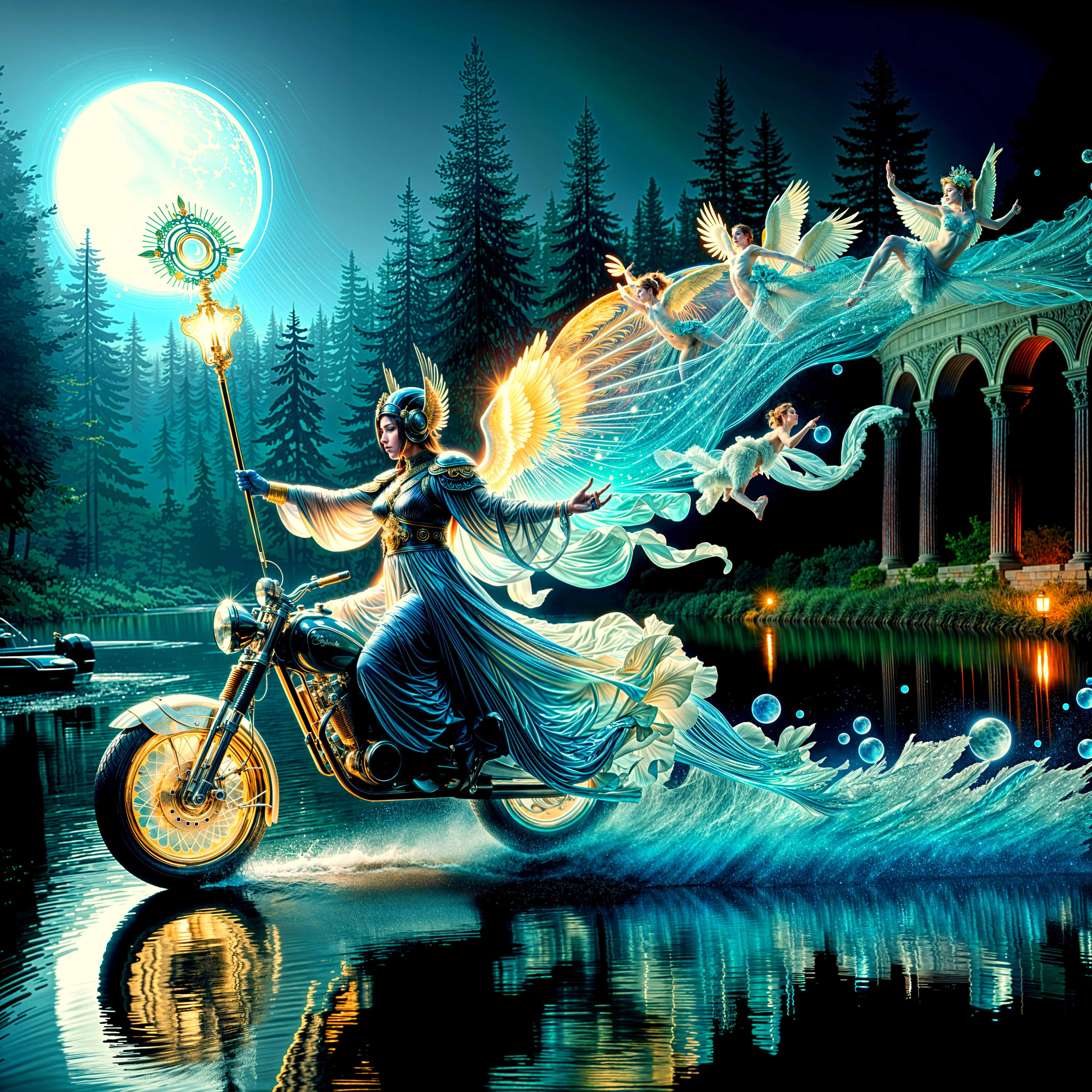 Mystical Figure on Motorcycle in Enchanted Lake Scene
