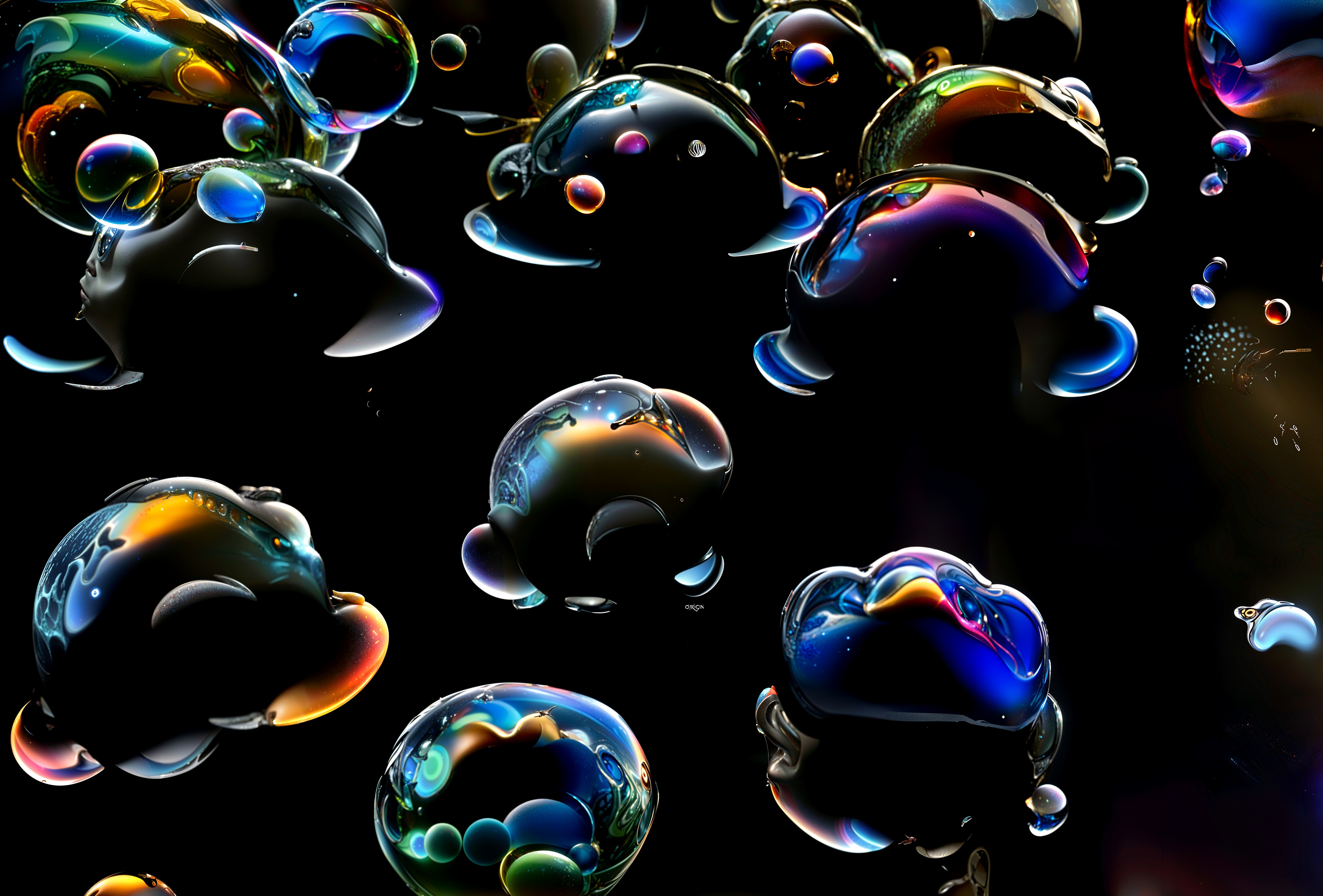 Iridescent Bubbles Against Dark Background Display Colors