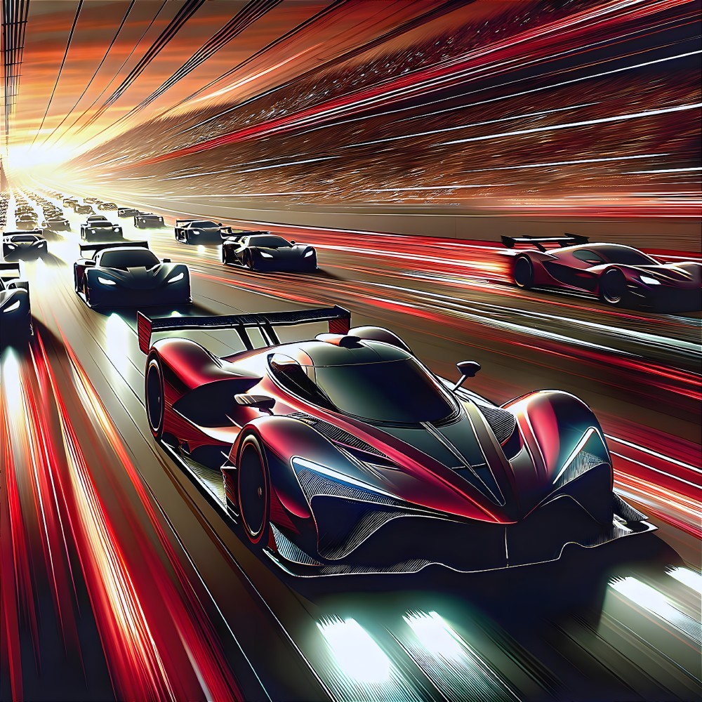 Futuristic Race Scene with Sleek Cars and Sunset Background