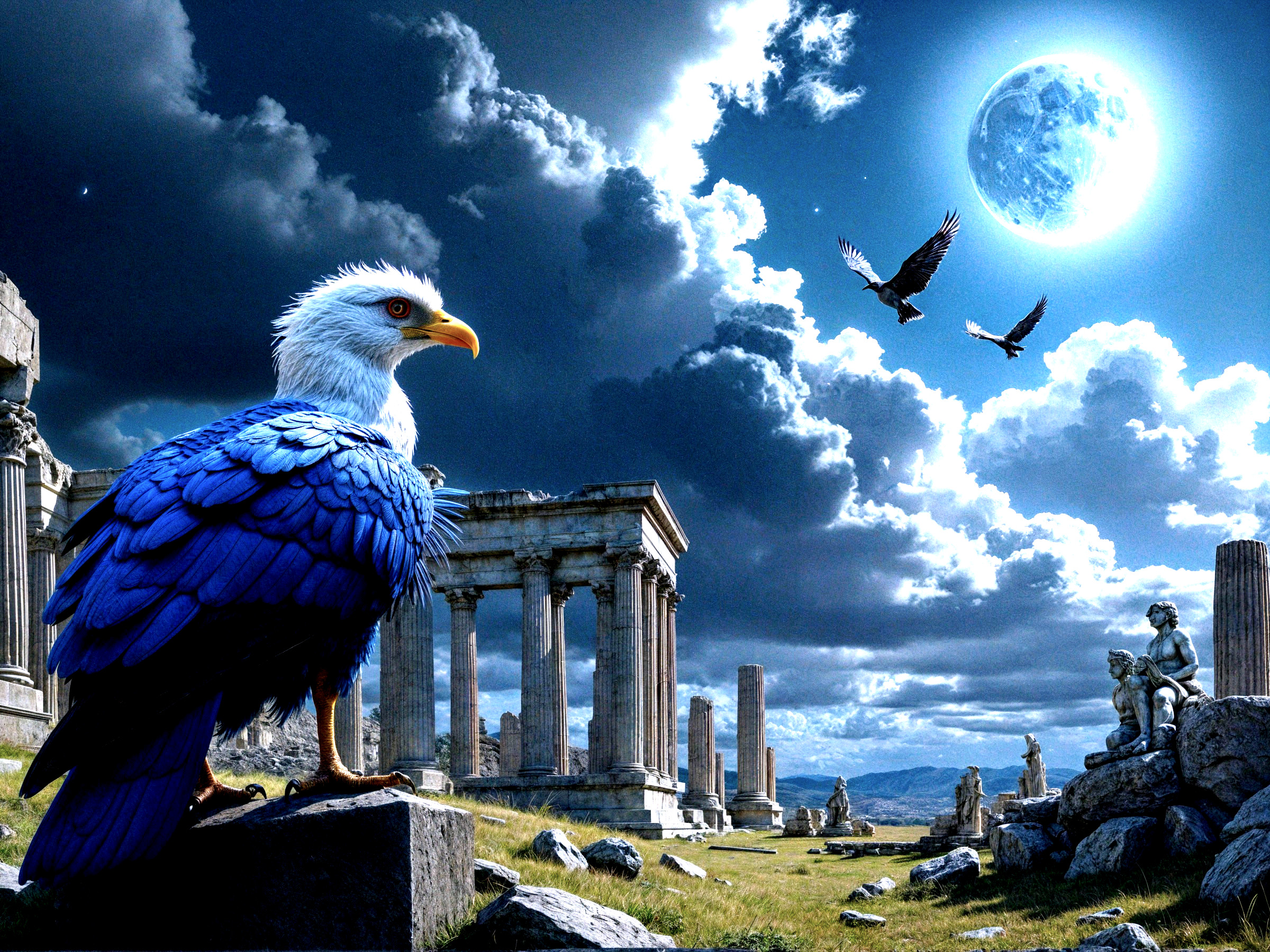 Eagle Overlooking Ancient Ruins Under Moonlight