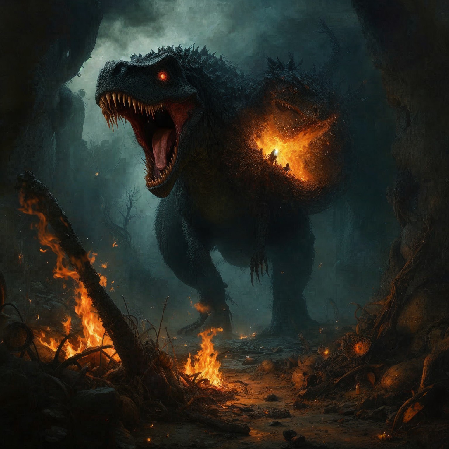 Colossal Dinosaur Roaring in Dark Fiery Landscape