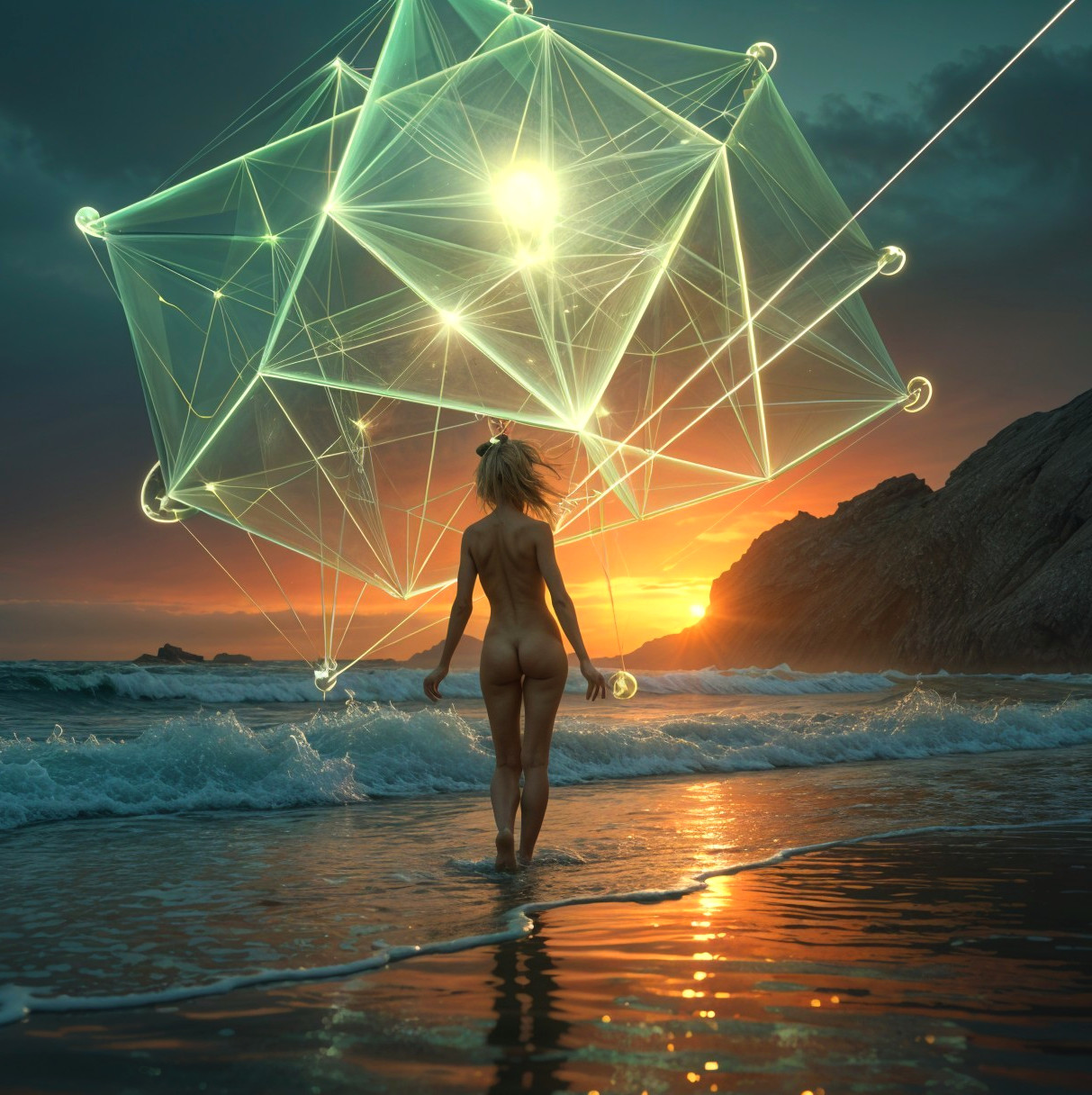 Serene beach sunset with glowing geometric structure