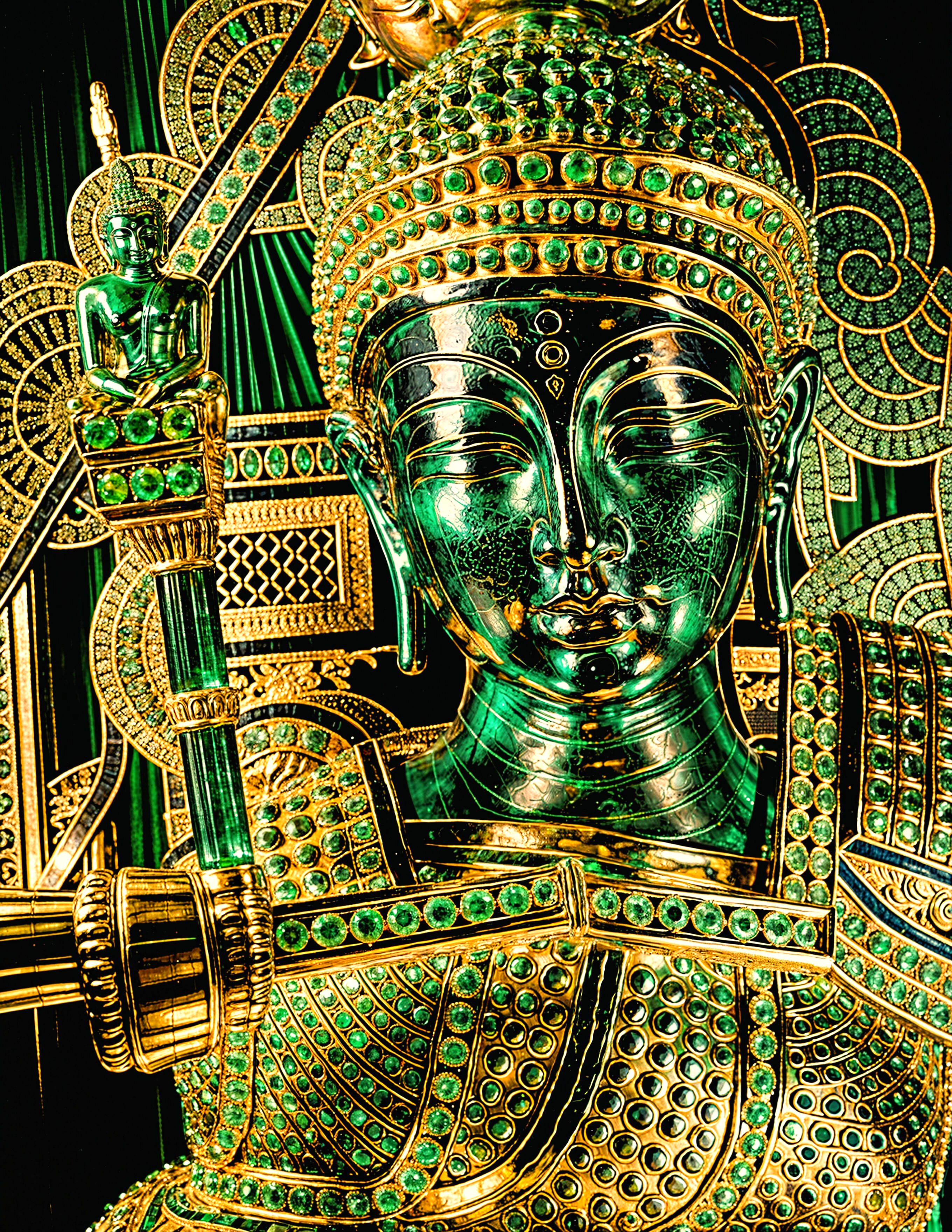 Intricate deity statue with green and gold design