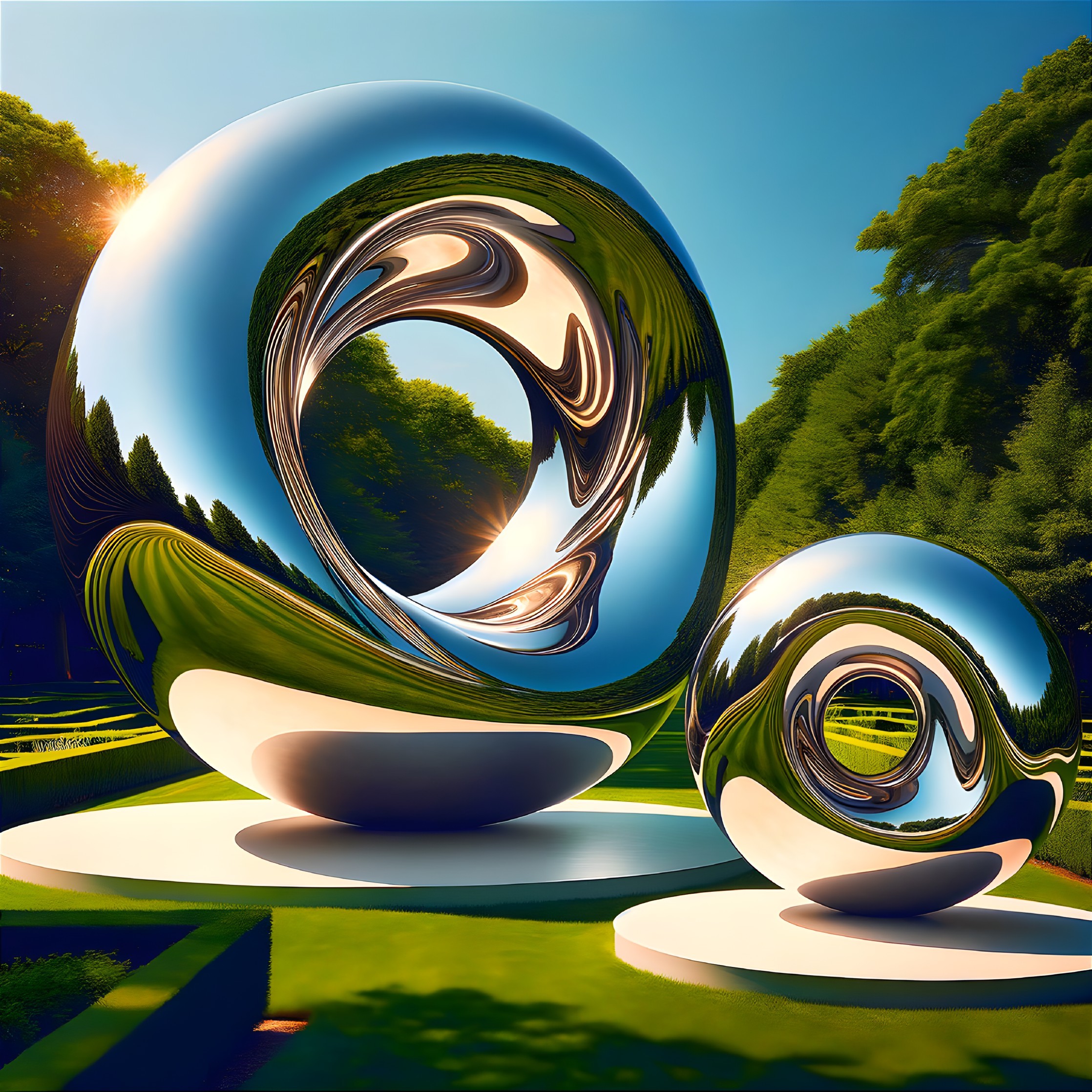 Polished Metallic Sculptures in Green Park Setting