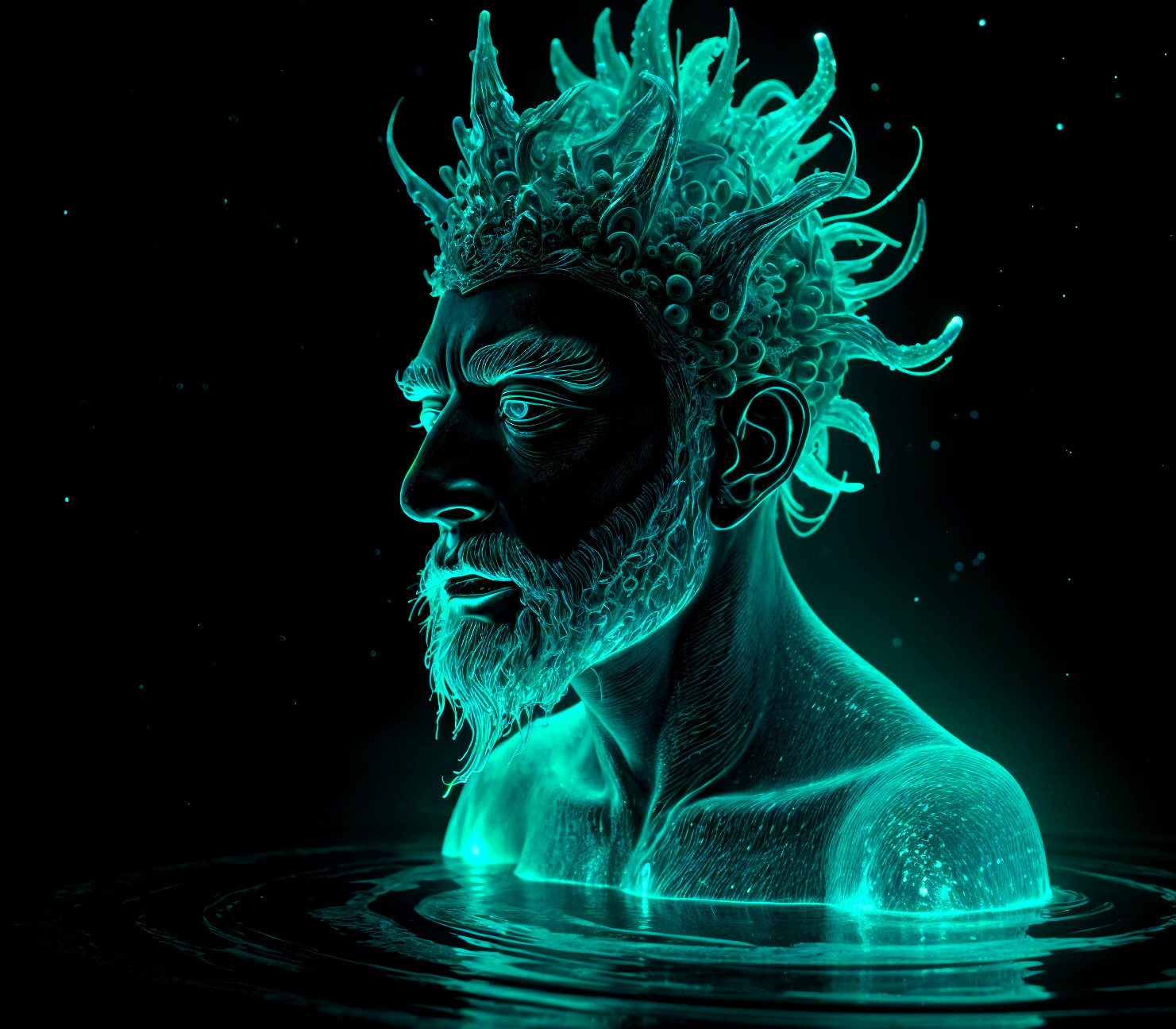 Ethereal figure with crown emerging from dark waters
