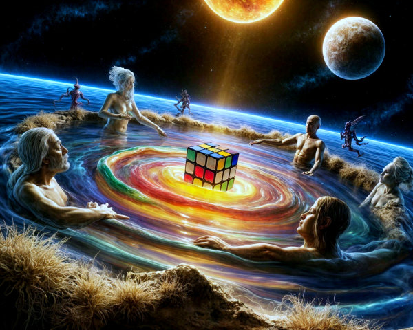 Cosmic Figures Surrounding a Glowing Rubik's Cube