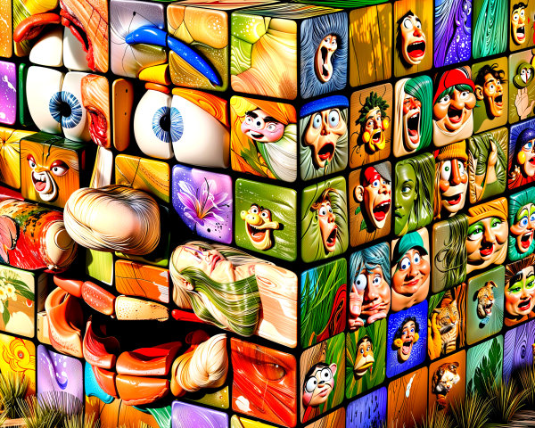 Oversized Colorful Rubik's Cube with Cartoon Faces