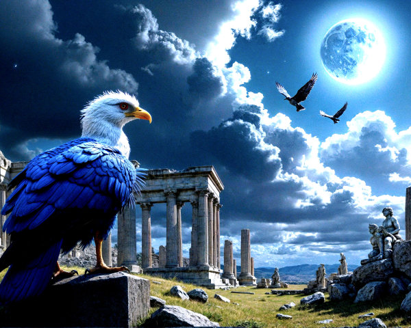 Eagle Overlooking Ancient Ruins Under Moonlight