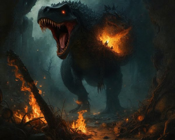 Colossal Dinosaur Roaring in Dark Fiery Landscape