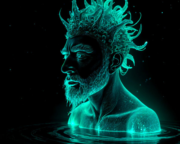 Ethereal figure with crown emerging from dark waters