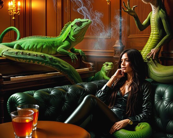Opulent Room with Woman and Sophisticated Lizards