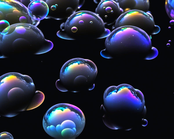 Shimmering Bubbles with Iridescent Colors on Dark Background