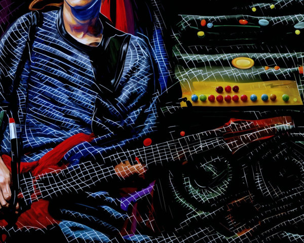Guitarist with Red Electric Guitar in Colorful Setting