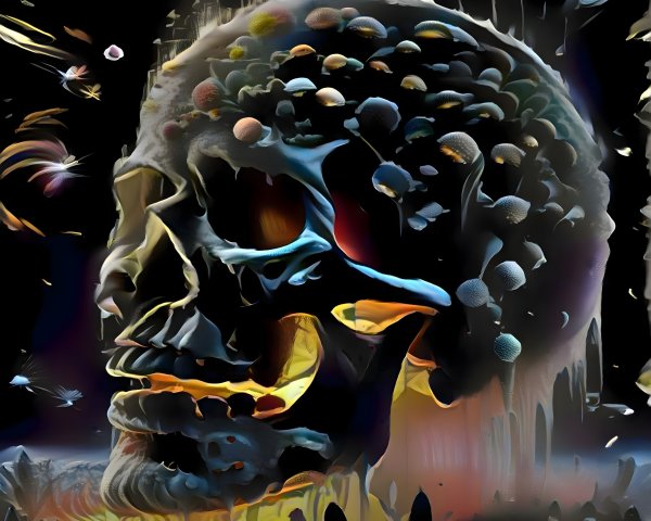 Surreal Multi-Colored Skull in Cosmic Background