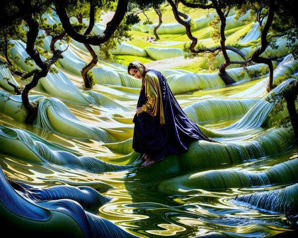 Serene Figure in Surreal Landscape with Tranquil Pool