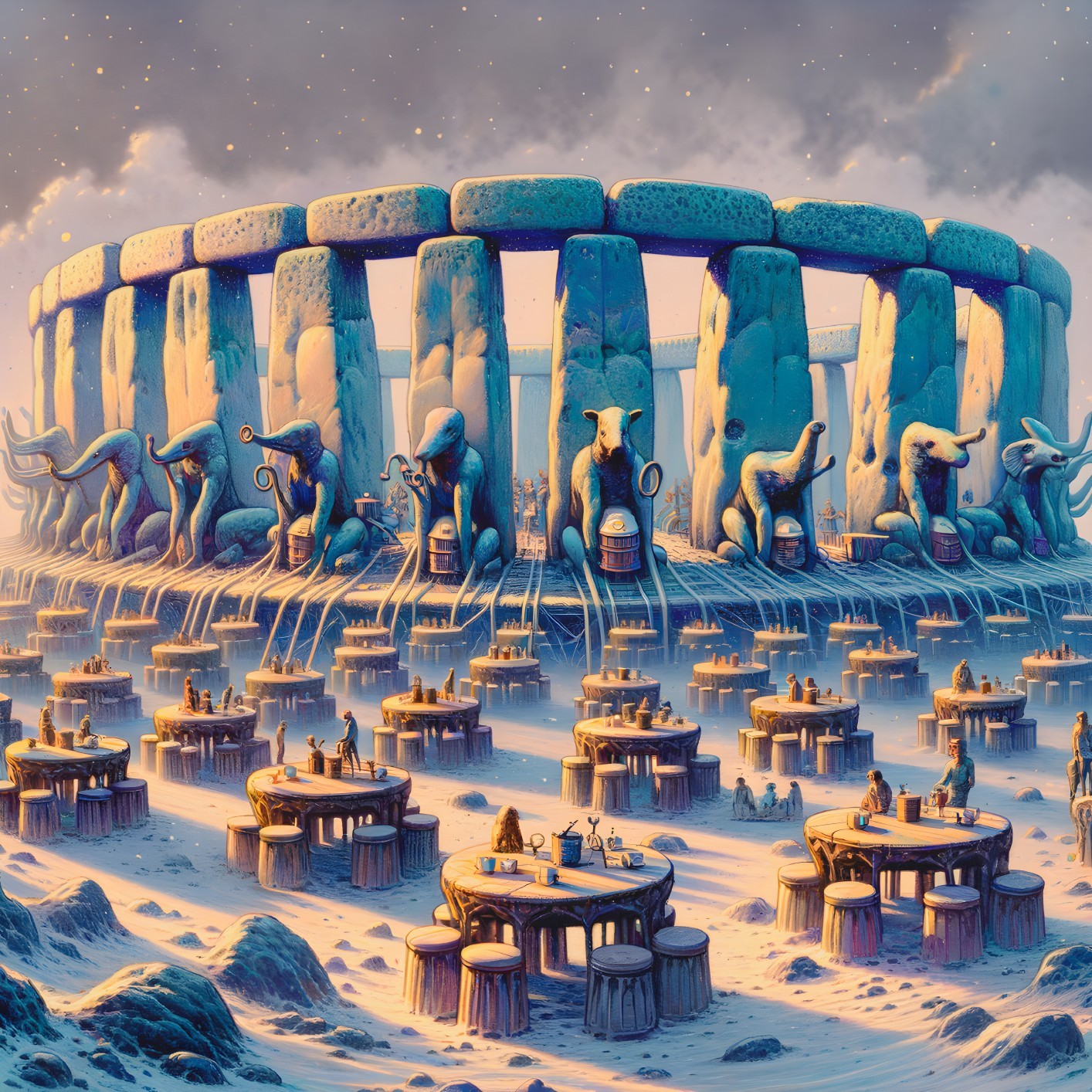 Surreal Landscape with Ancient Stone Structure and Creatures
