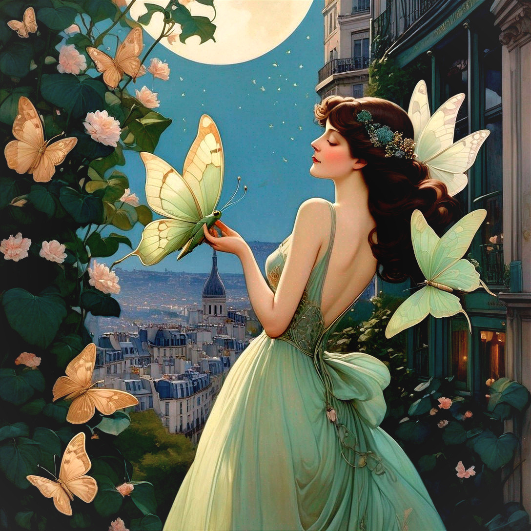 Woman in Green Gown Surrounded by Nature and Paris Skyline