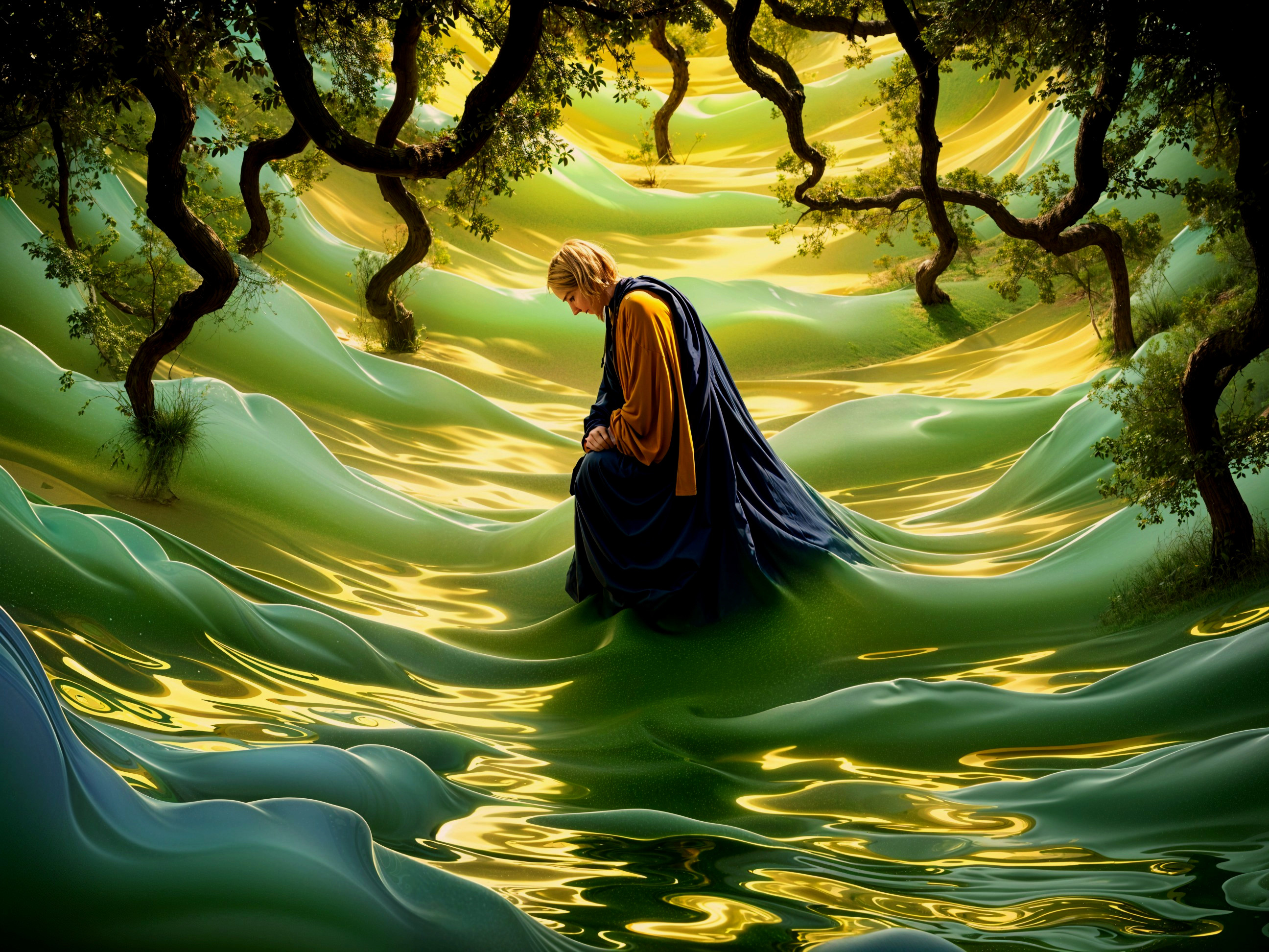 Contemplative Figure in Surreal Nature Landscape