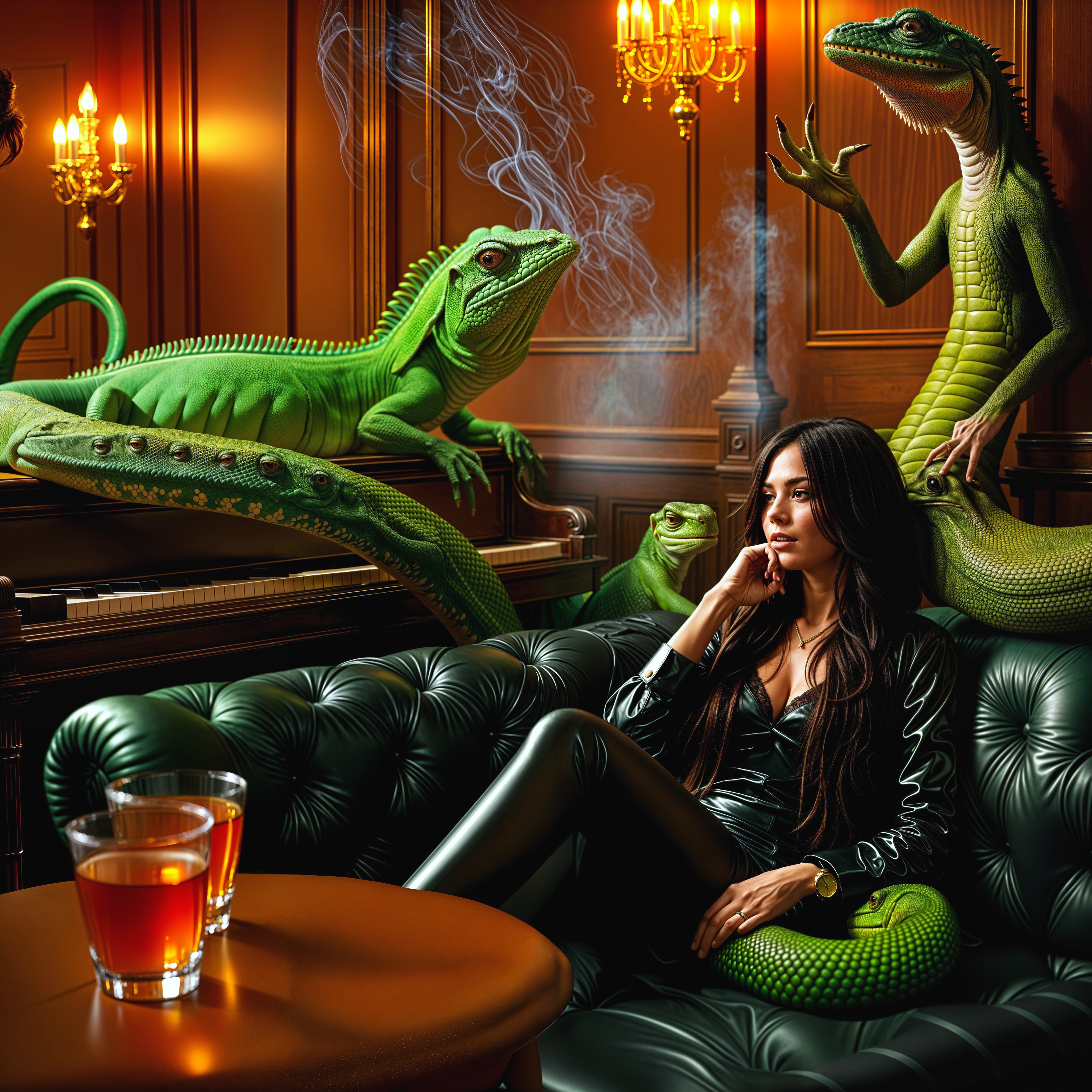 Opulent Room with Woman and Sophisticated Lizards