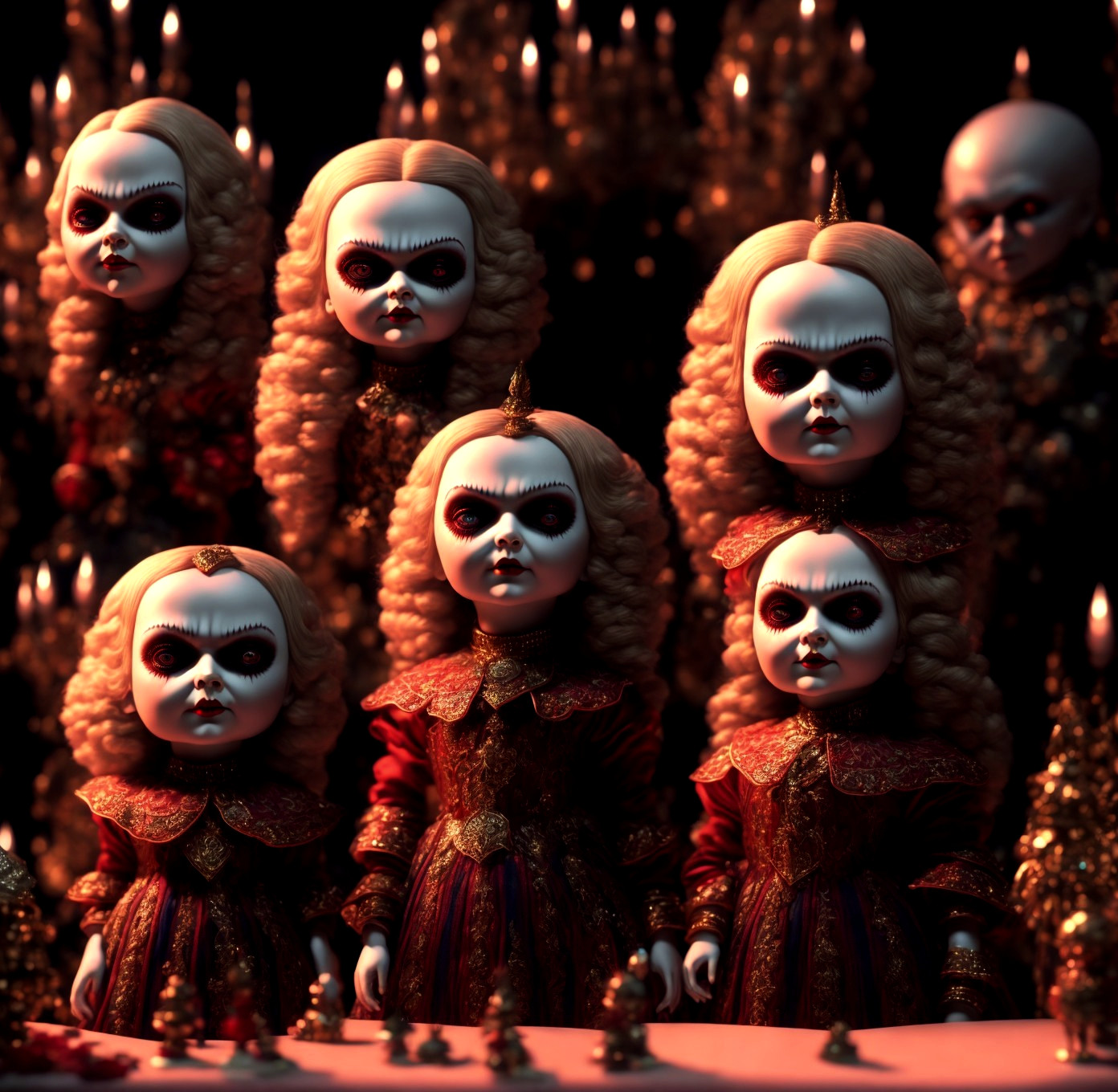 Eerie Dolls in Rich Red Gowns and Flickering Candlelight