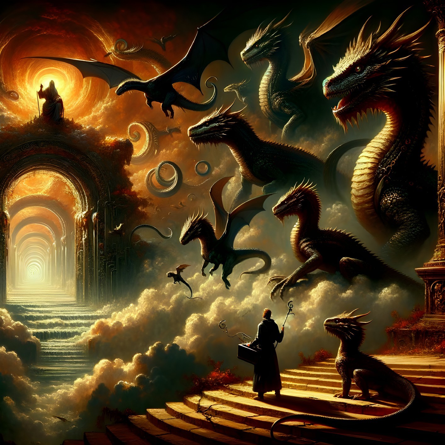 Cloaked Figure Overlooking Dragons in Vibrant Sky
