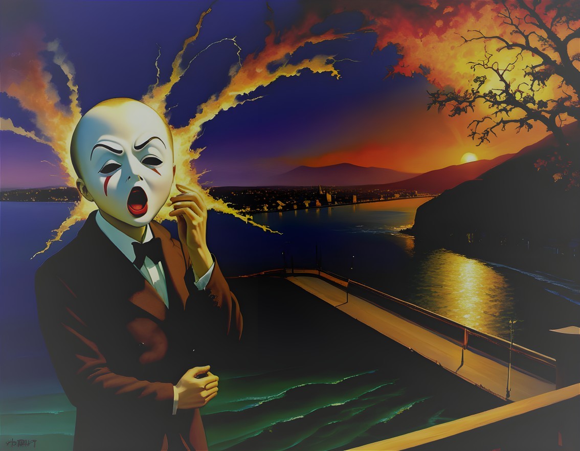 Surreal Scene of Clown Figure at Vibrant Sunset Lake