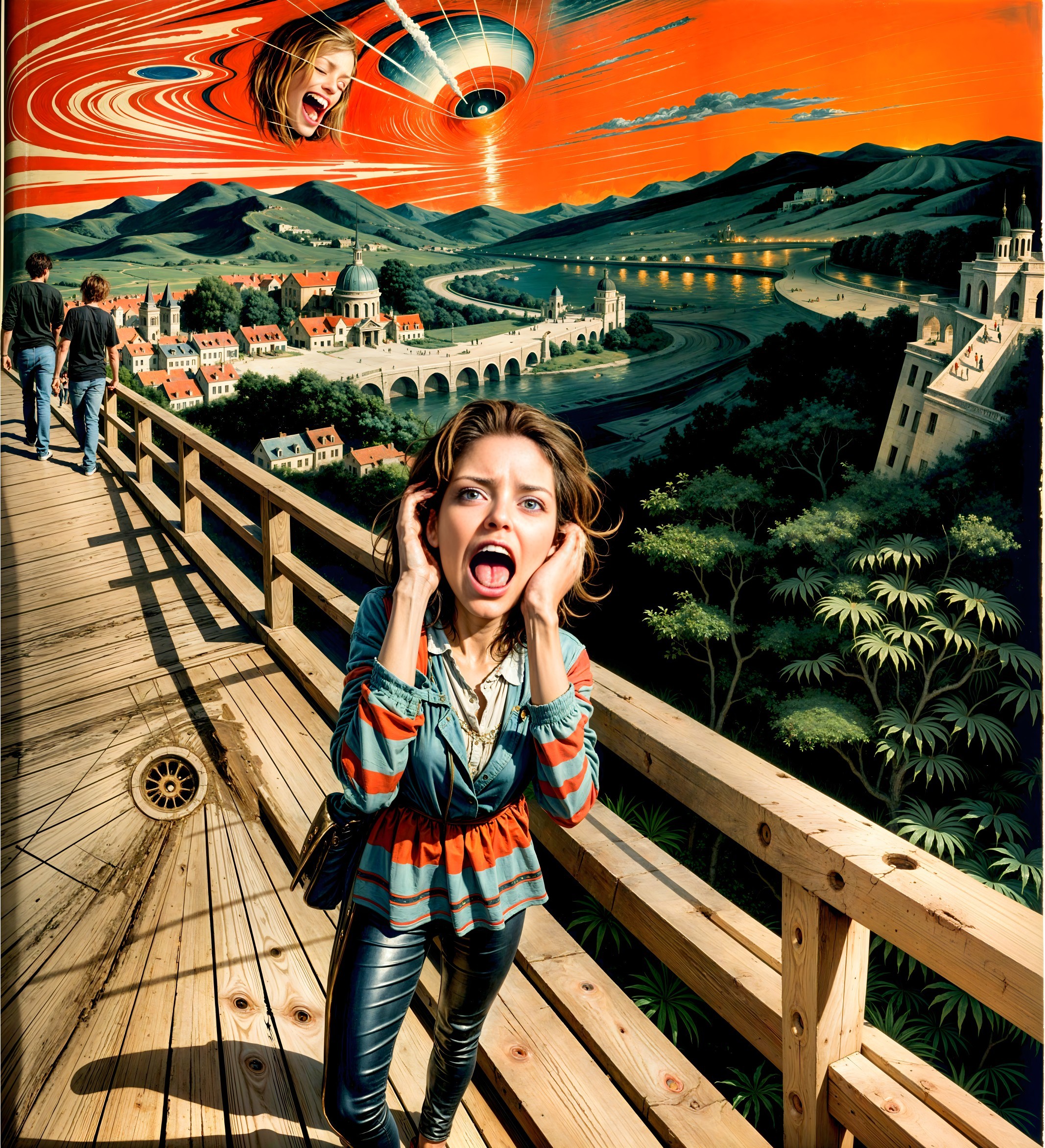 Young Woman on Balcony Amidst Surreal Landscape