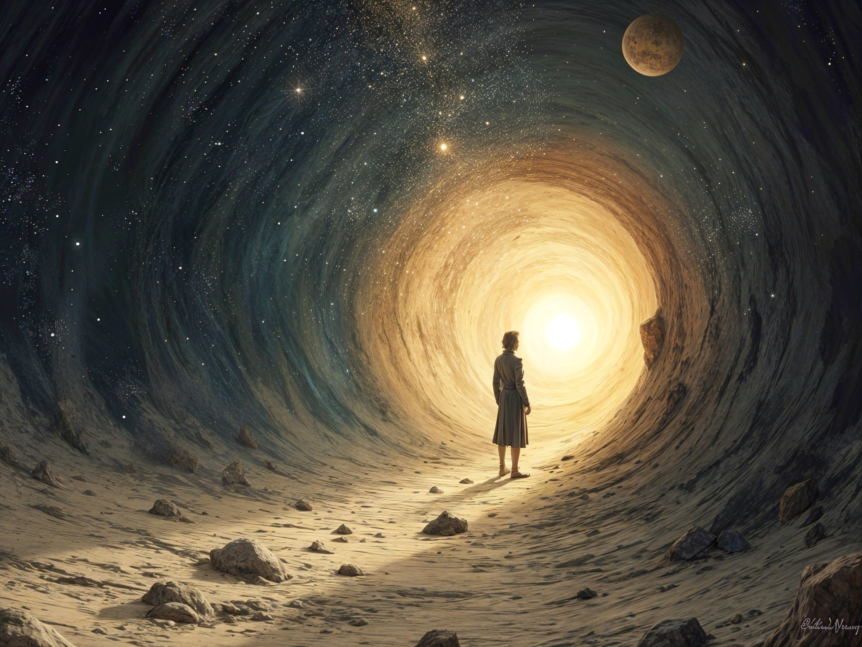Surreal Tunnel with Cosmic Patterns and Bright Light