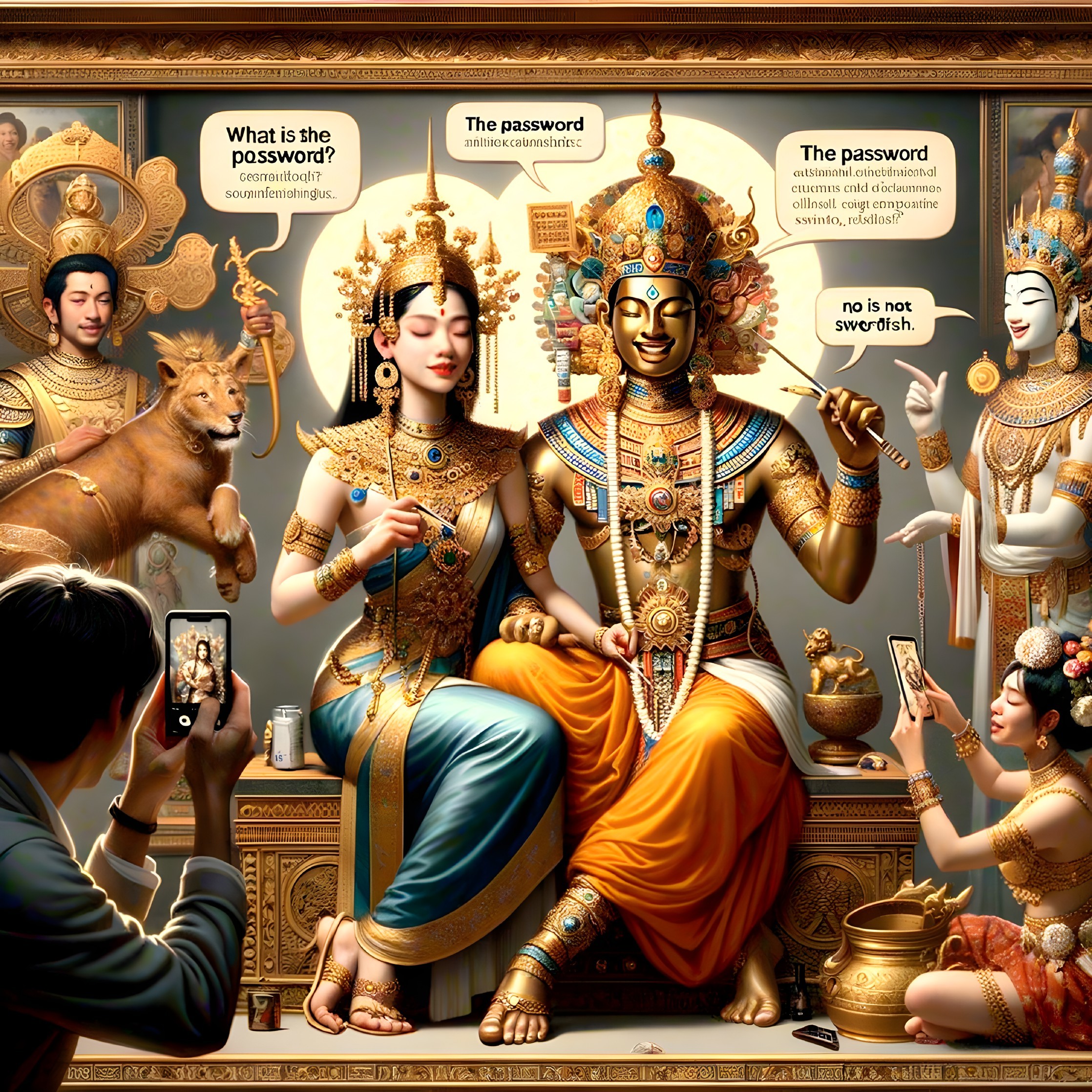 Divine Figures in Ornate Scene with Modern Elements