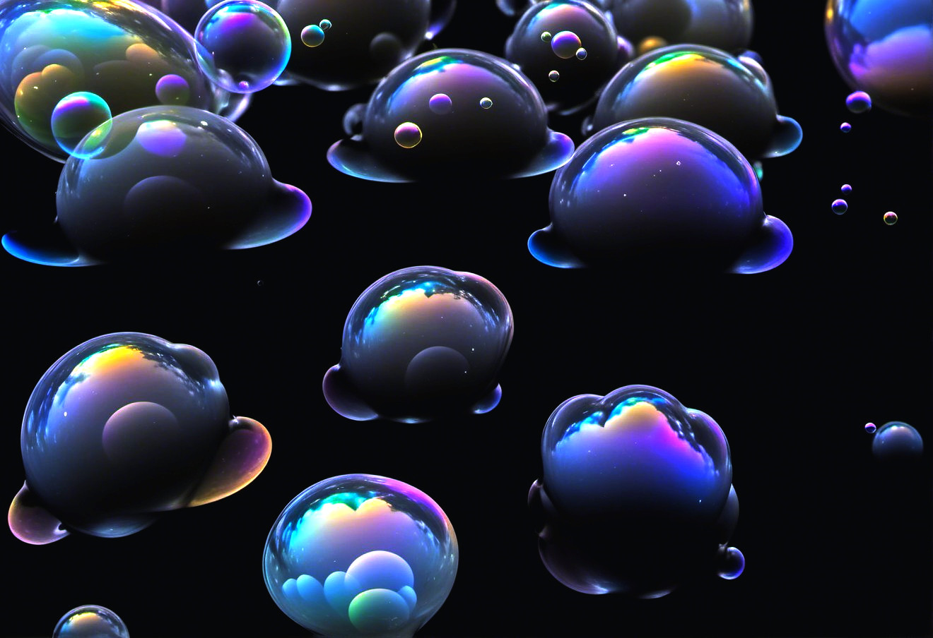 Shimmering Bubbles with Iridescent Colors on Dark Background