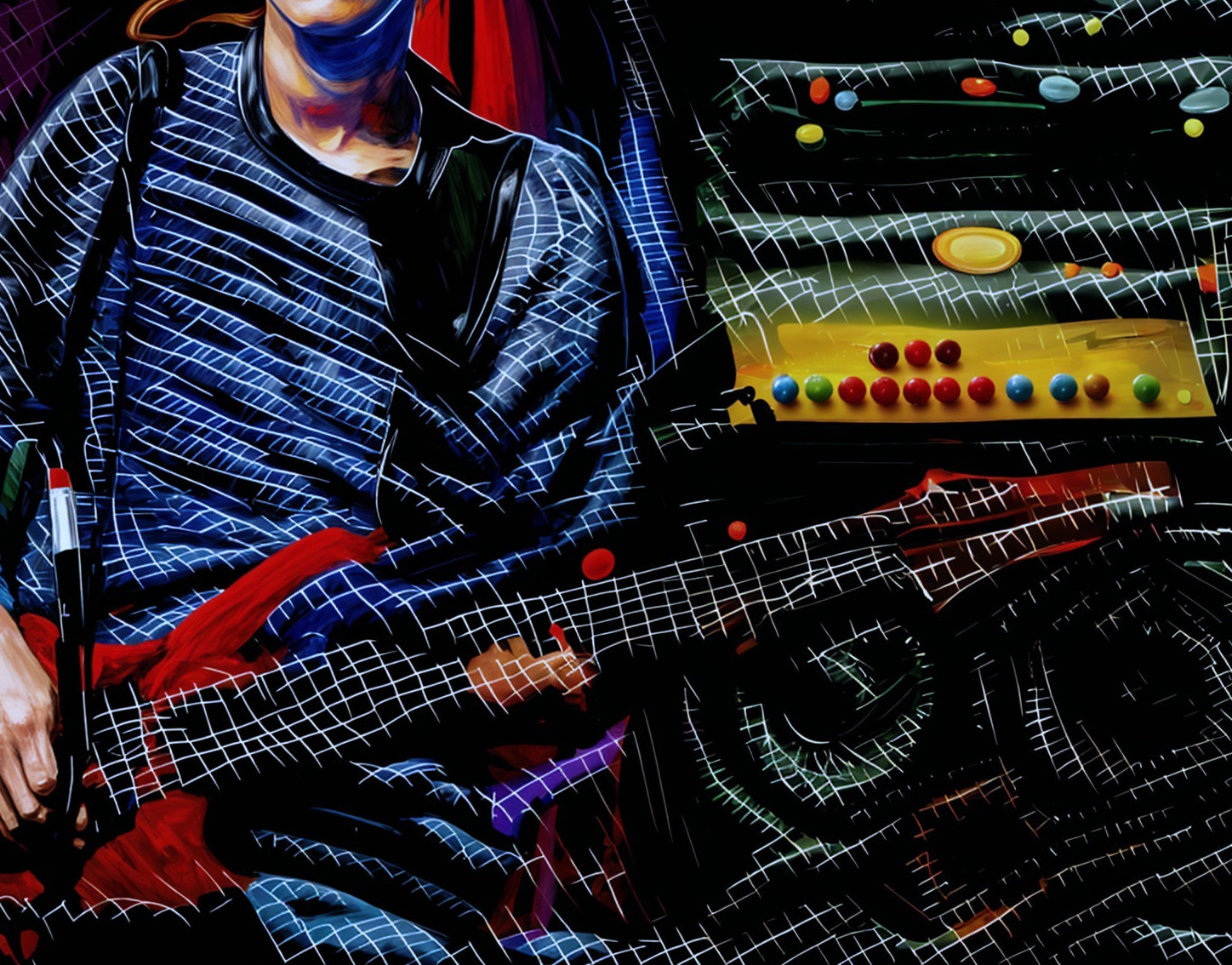 Guitarist with Red Electric Guitar in Colorful Setting
