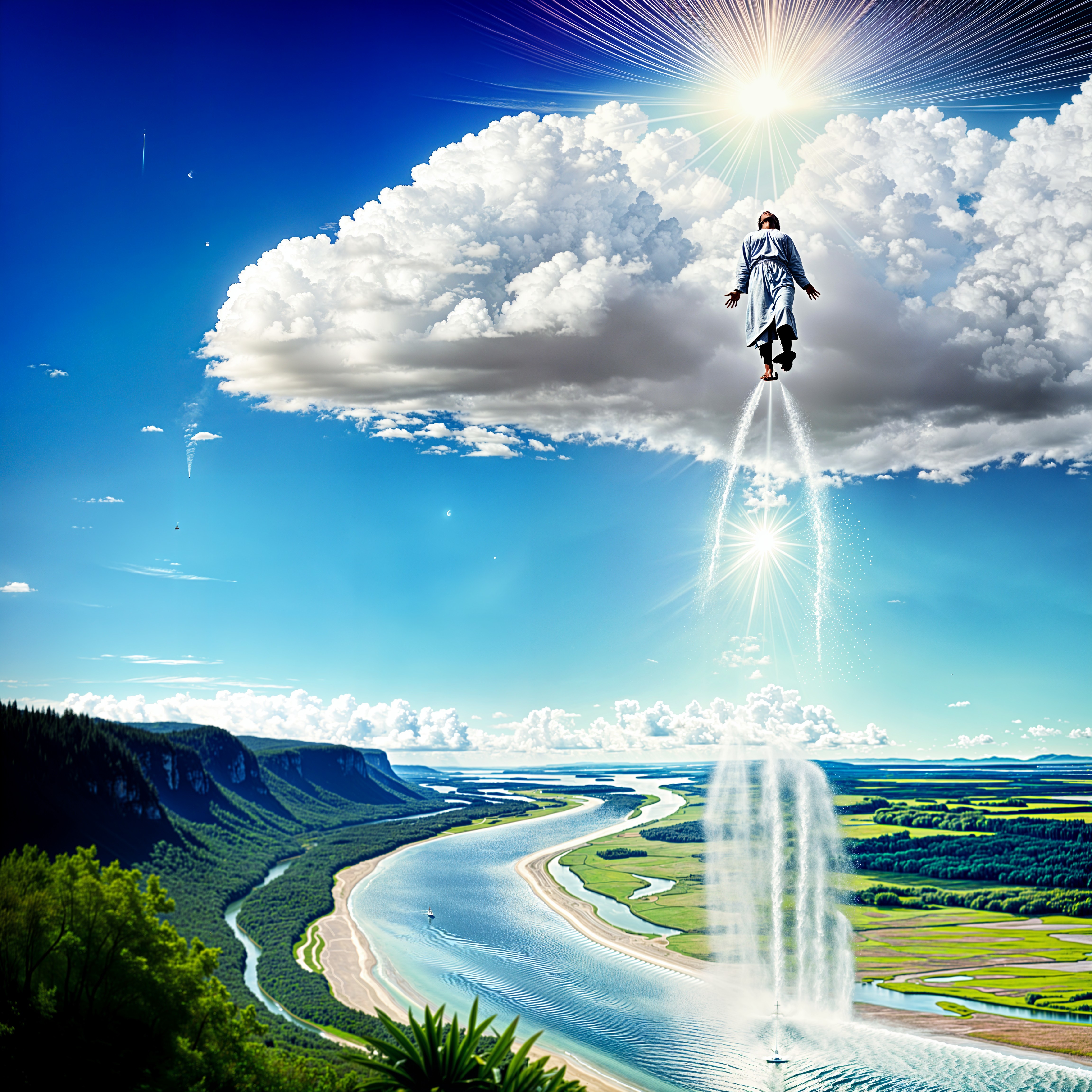 Serene landscape with river, mountains, and light beams