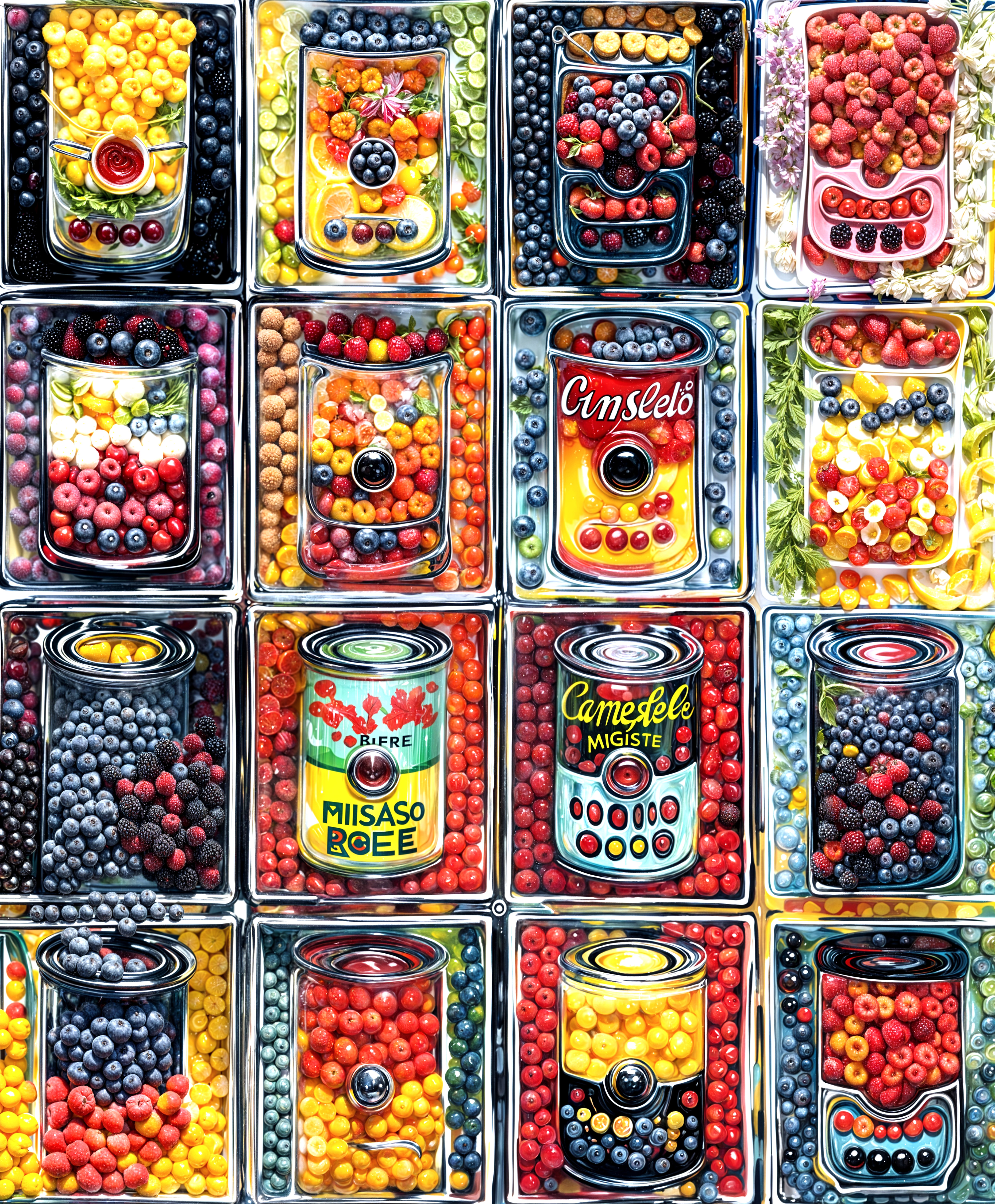 Colorful Canned Fruit Display with Various Berries