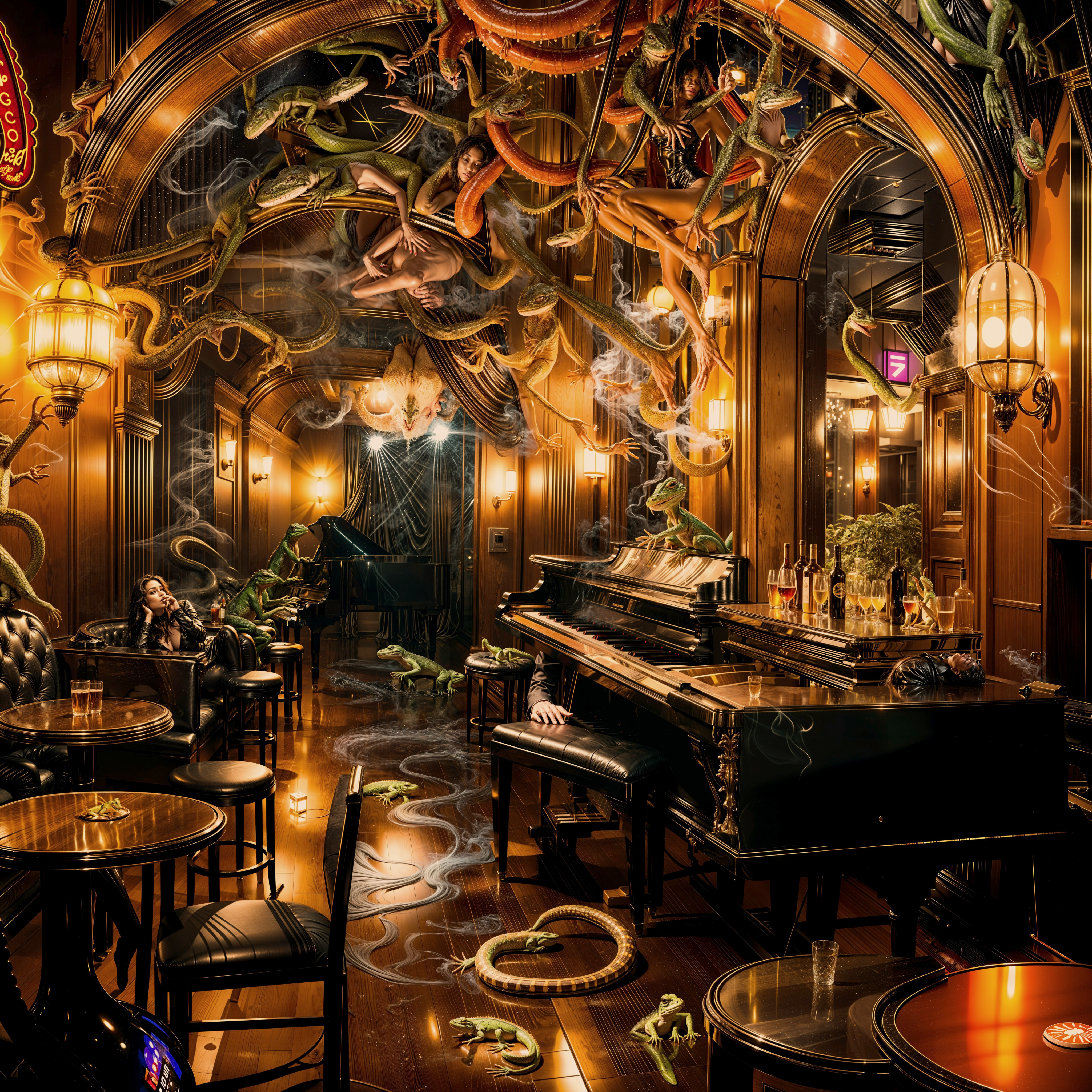 Lavish Dimly Lit Bar with Ornate Decor and Piano