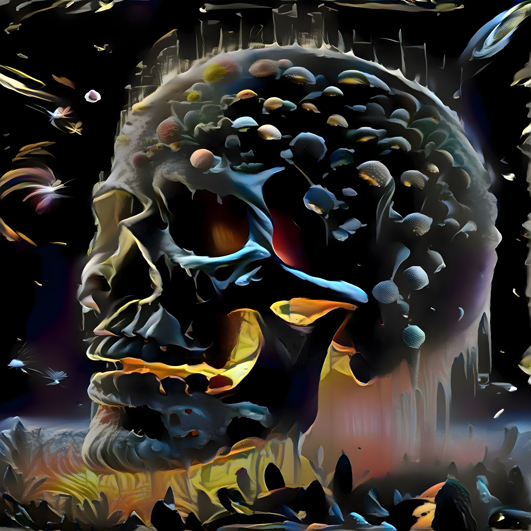 Surreal Multi-Colored Skull in Cosmic Background