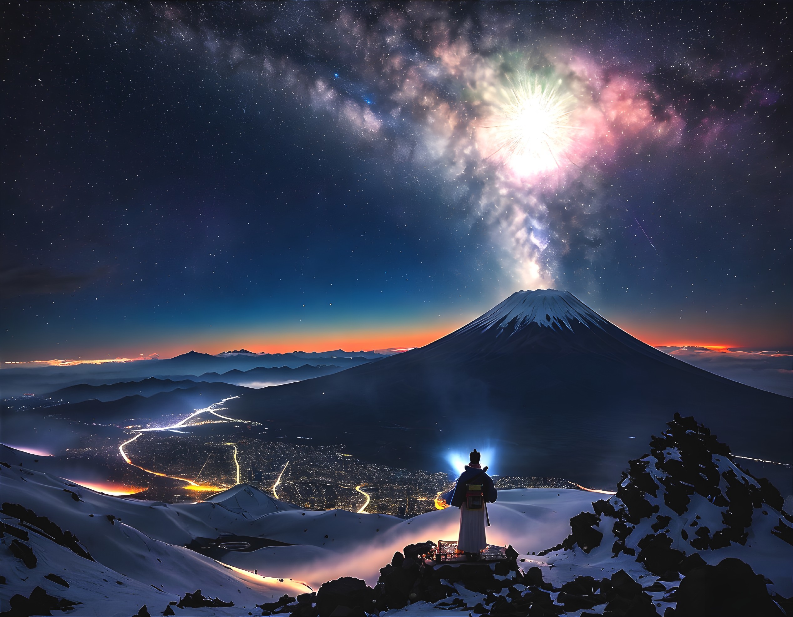 Night Sky Over Mount Fuji with City Lights Below