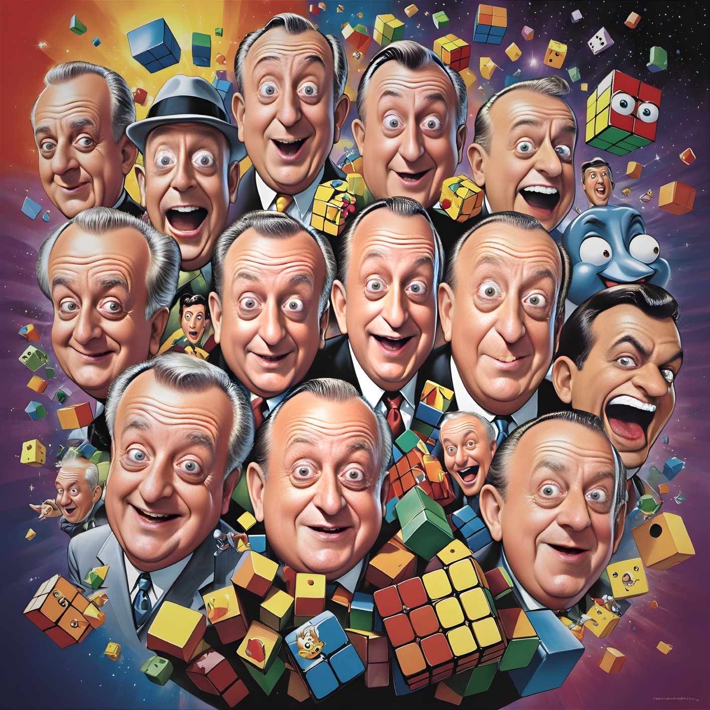 Colorful Collage of Joyful Faces and Rubik's Cubes