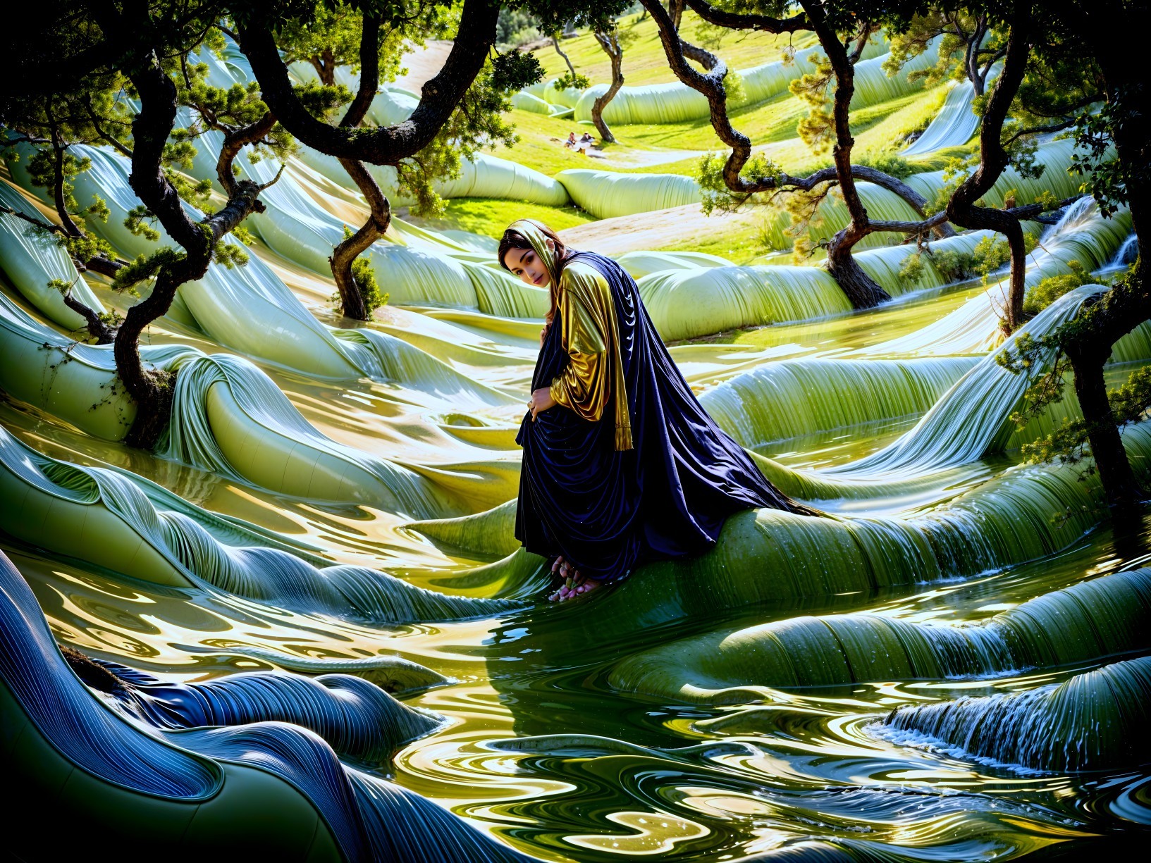 Serene Figure in Surreal Landscape with Tranquil Pool