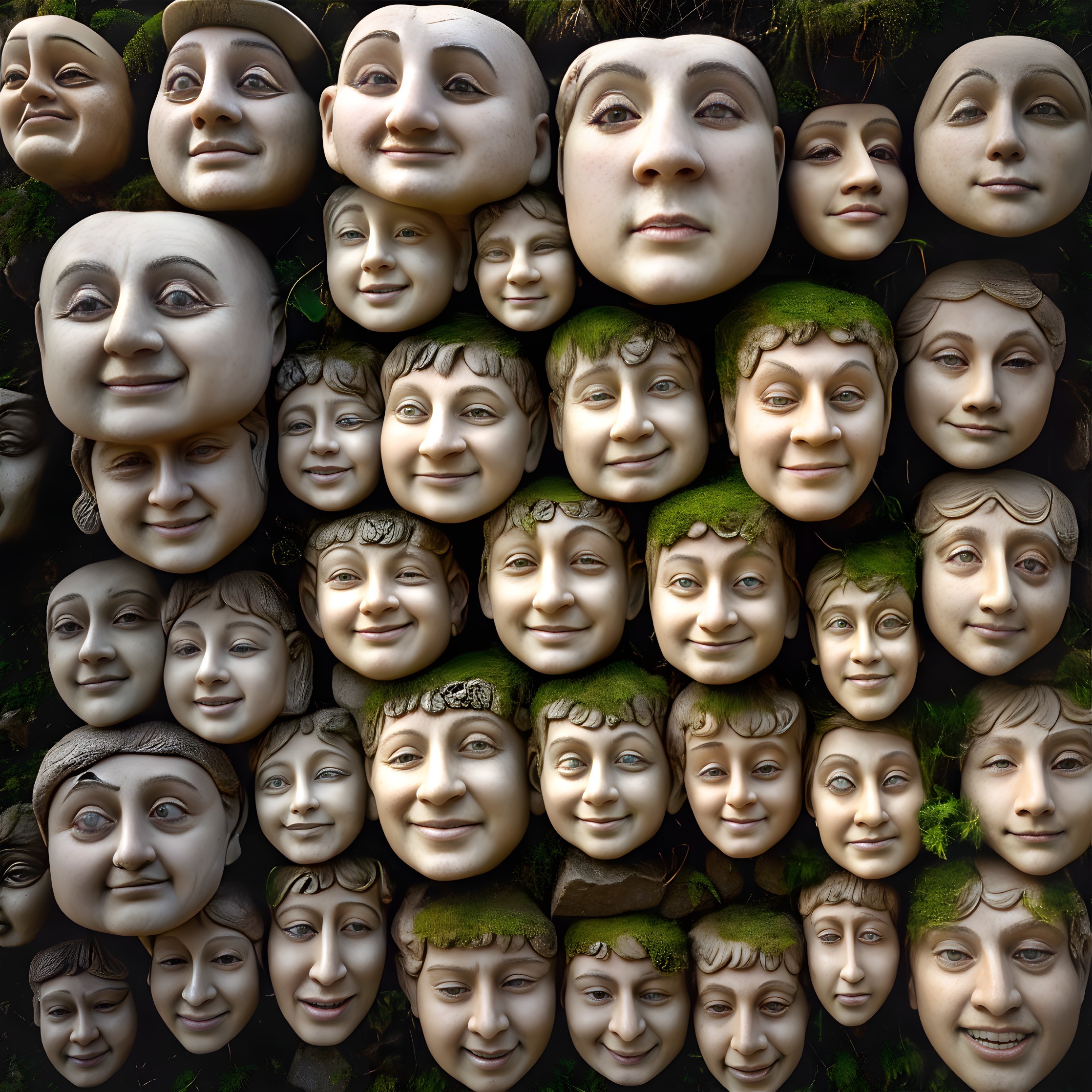 Sculpted Faces with Expressions and Moss Accents