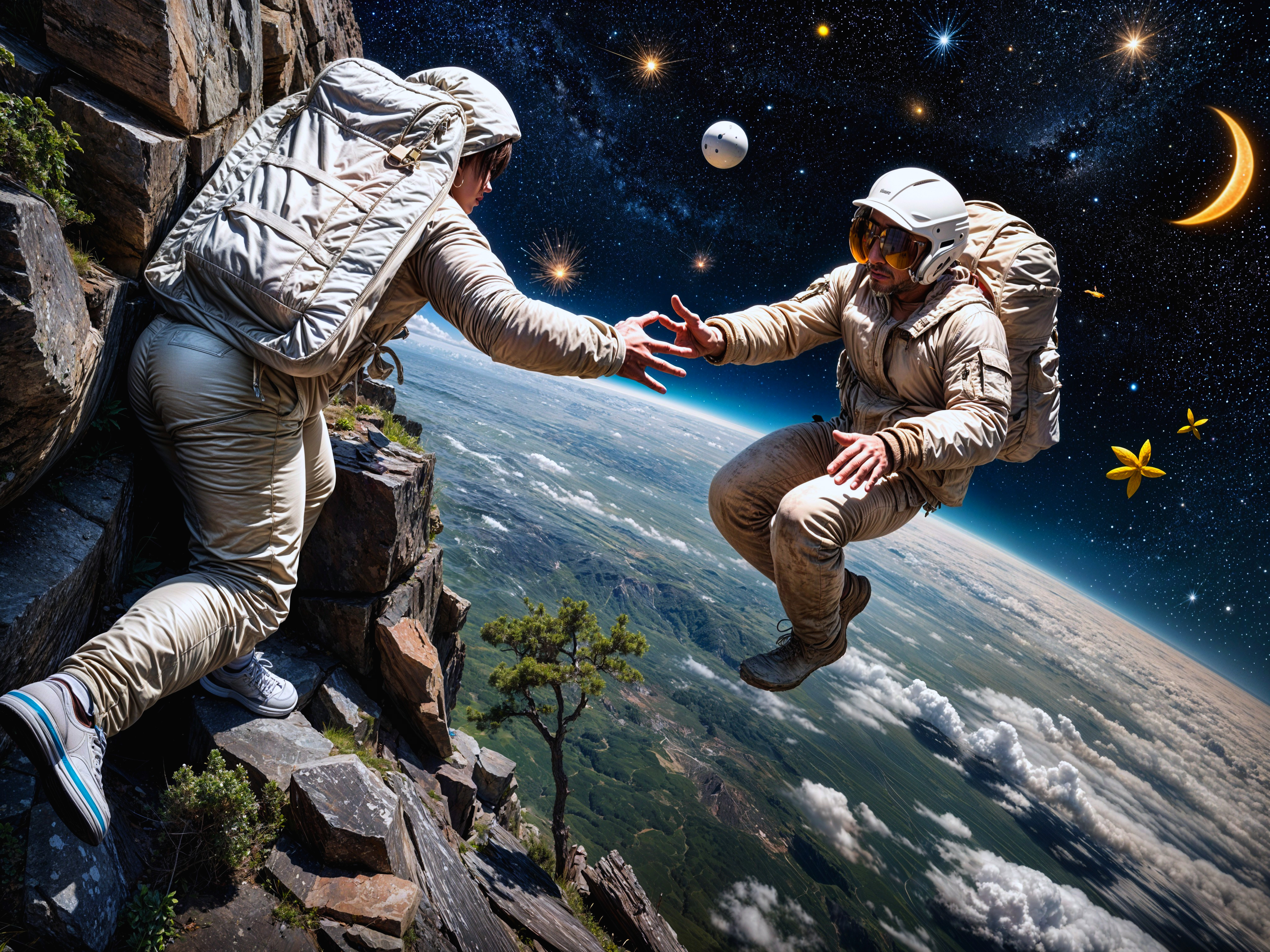 Astronauts in Futuristic Suits in Cosmic Landscape